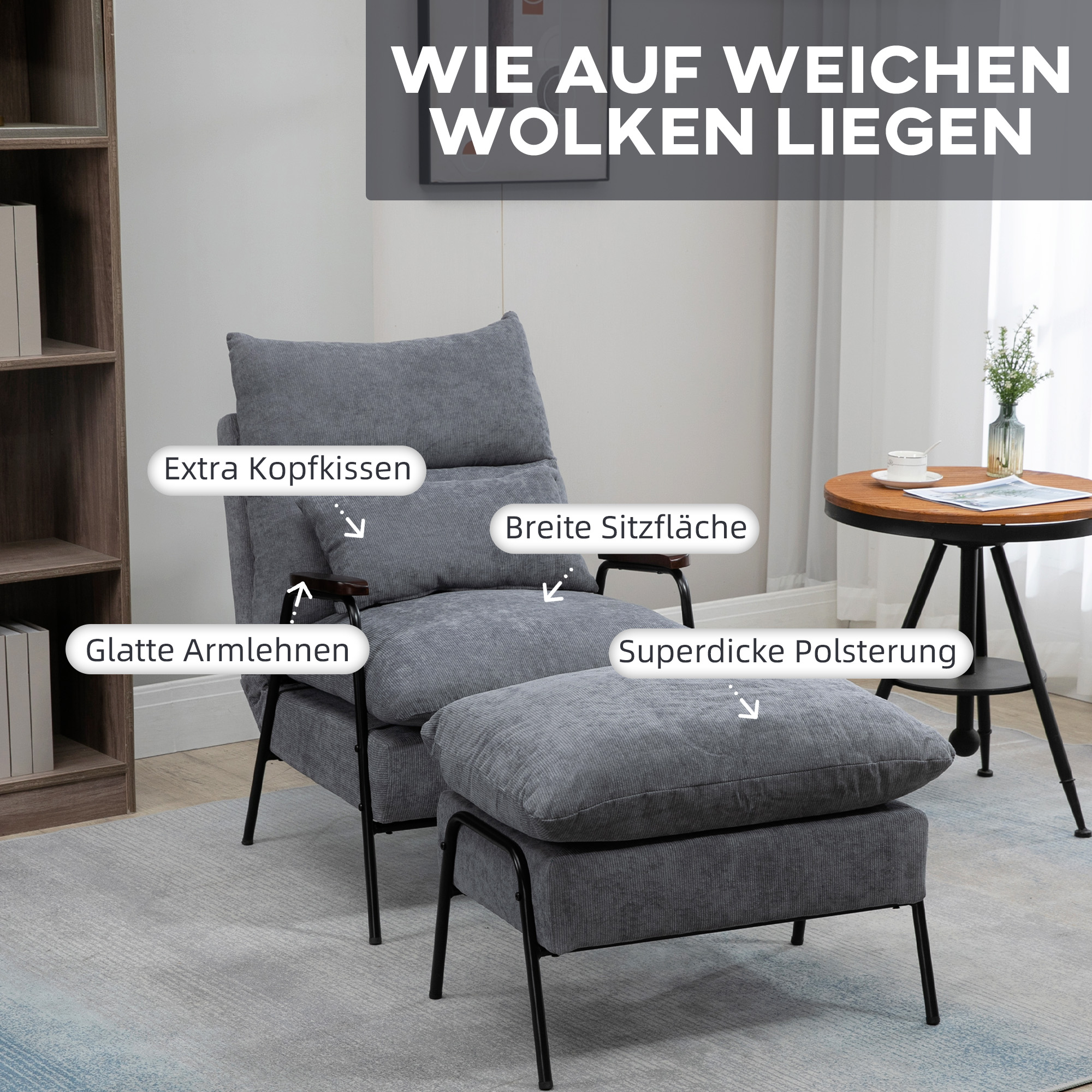 HOMCOM Relaxfauteuil met Ottoman Polsterstoel, Inclusief Kussen, 68 cm x 91,5 cm x 88 cm, Lichtgrijs