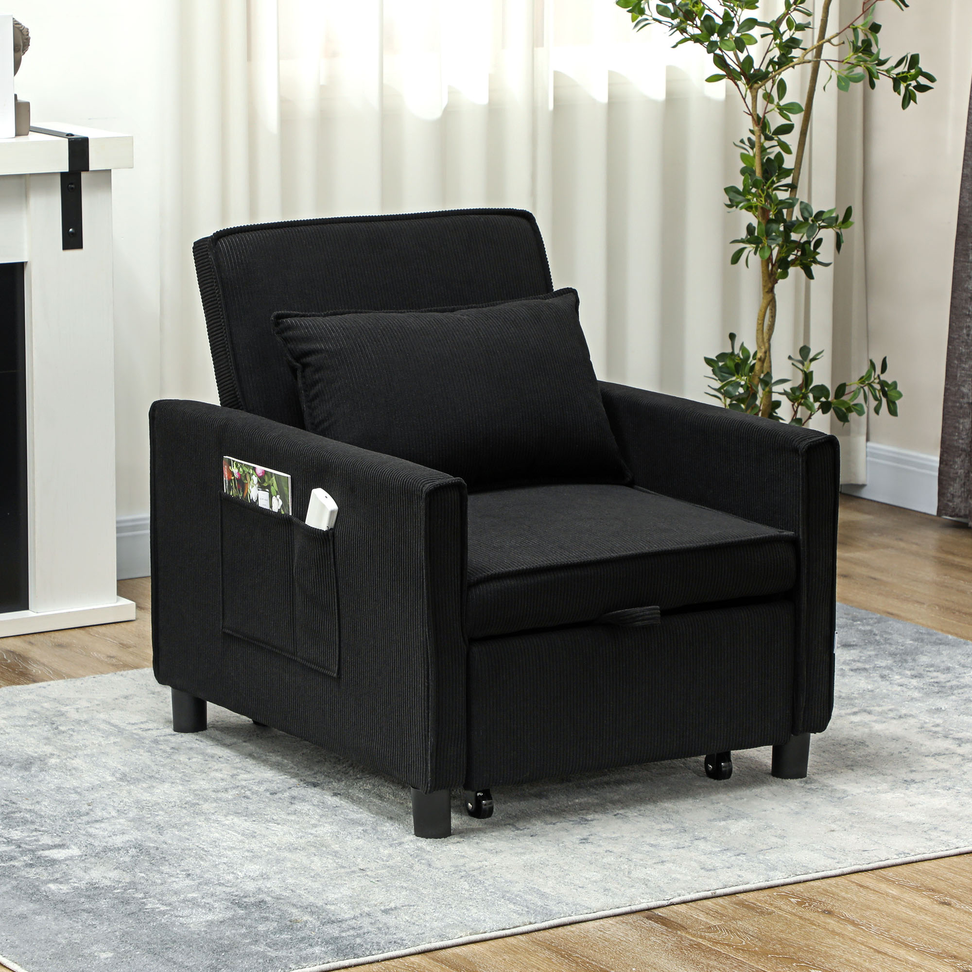 HOMCOM Slaapfauteuil, 3 standen verstelbare, Corduroy bekleding, tot 120 kg, Zwart