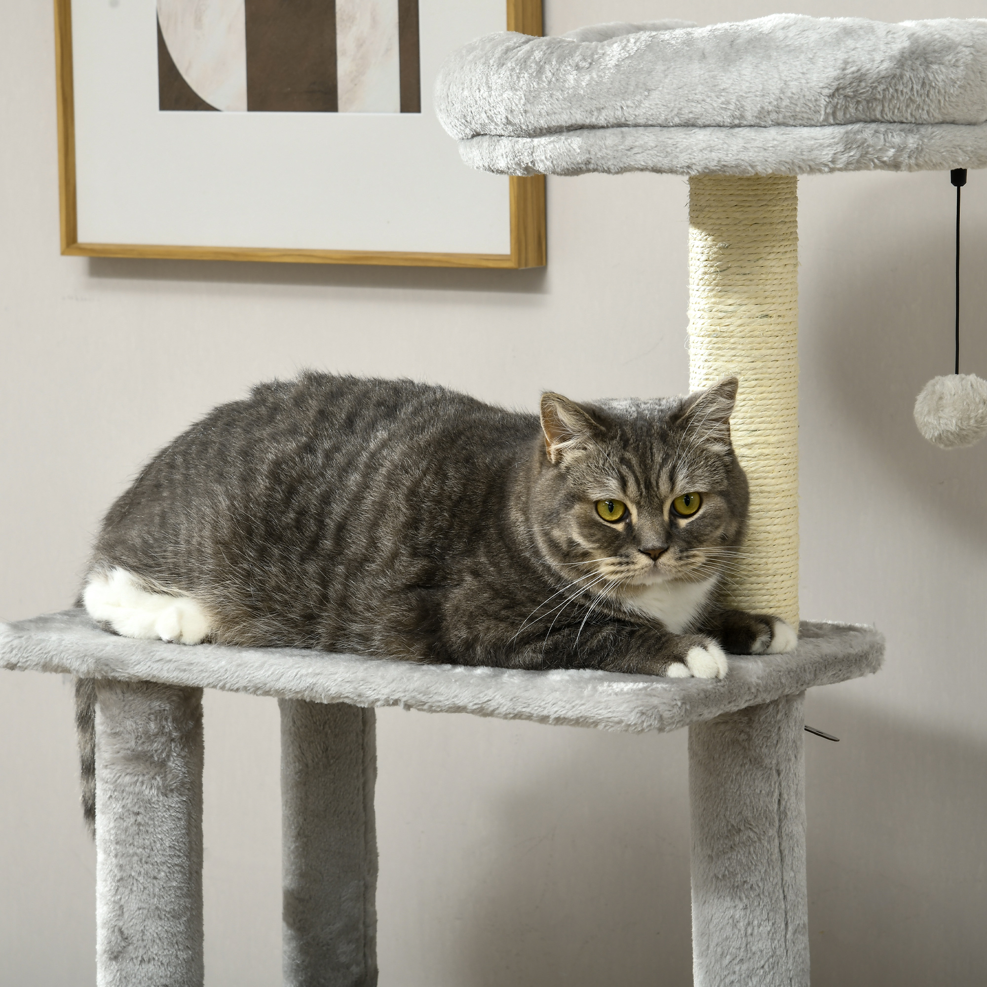 PawHut Krabpaal met kattenhol. Kattenboom, 1 kattenhol, 1 hangmat, 1 kattenbed, 1 ligplaats, natuur + wit + grijs