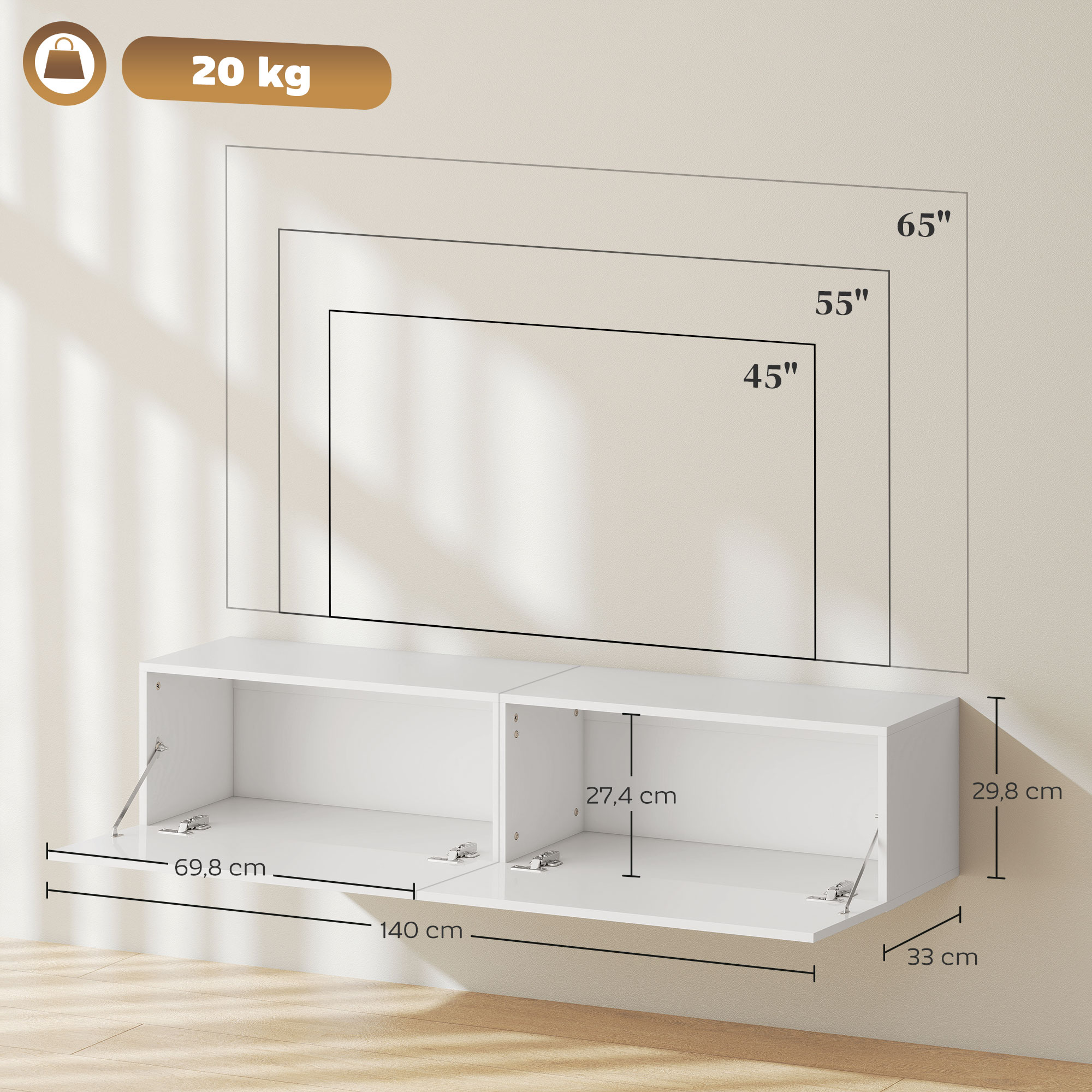 HOMCOM Wandgemonteerde Tv-kast, Zwevende Tv-console met Veel Afzetgebied en Opbergruimte, Spaanplaat, Wit