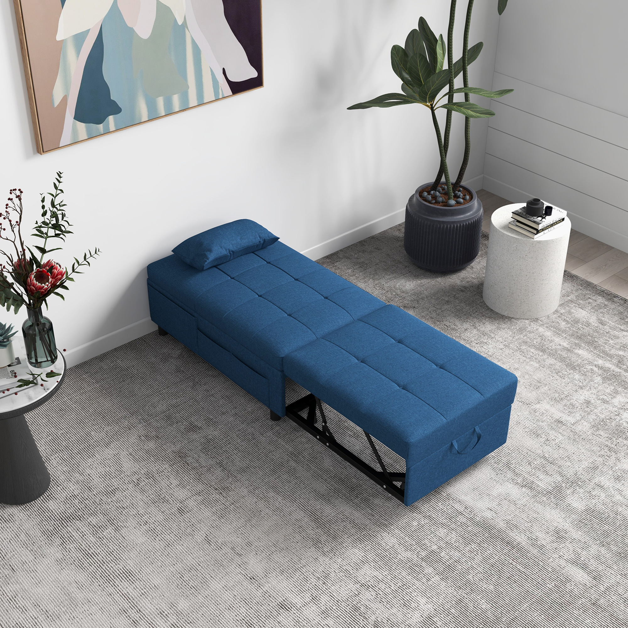 HOMCOM 3-in-1 Opvouwbare Fauteuil met Zijvak, Gastenbed met Kussen, Verstelbare Rugleuning, Stoelbed met Wielen, Blauw
