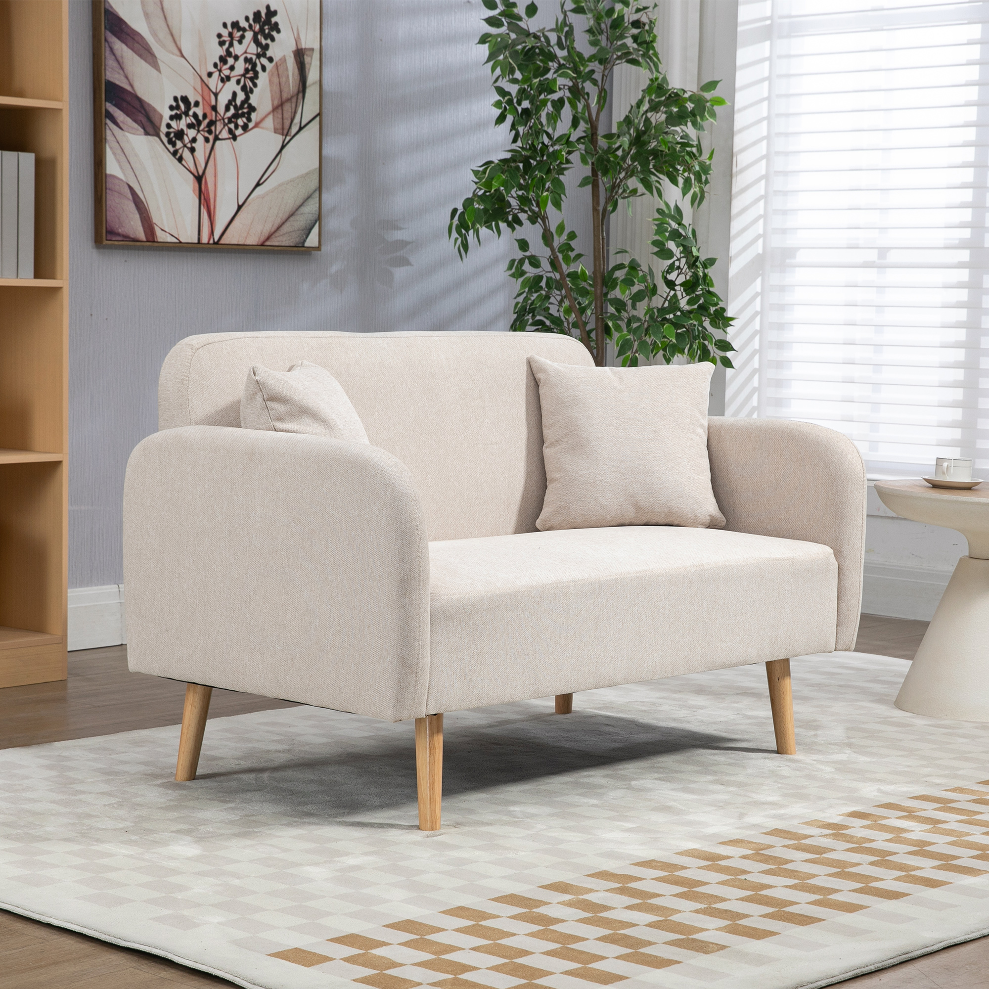 HOMCOM 2-zitsbank, Moderne Design Bank, inclusief 2 kussens, houten poten, 130 x 70 x 80 cm, Crème