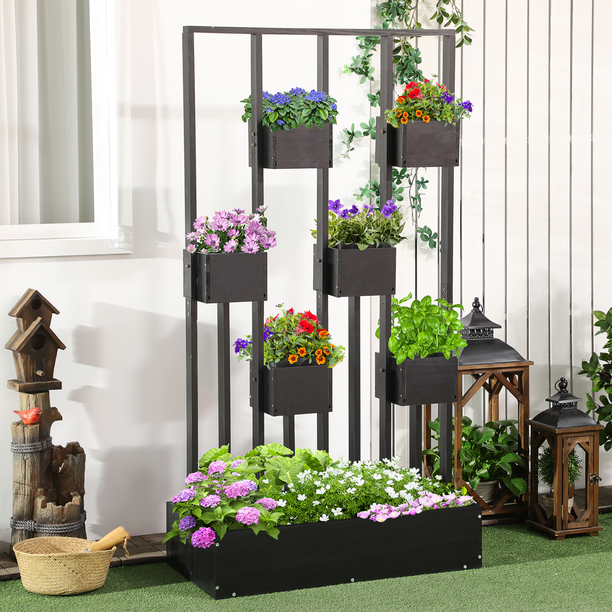 Outsunny bloembak, verhoogd bed, plantenbak met latwerk muur groentebed hout