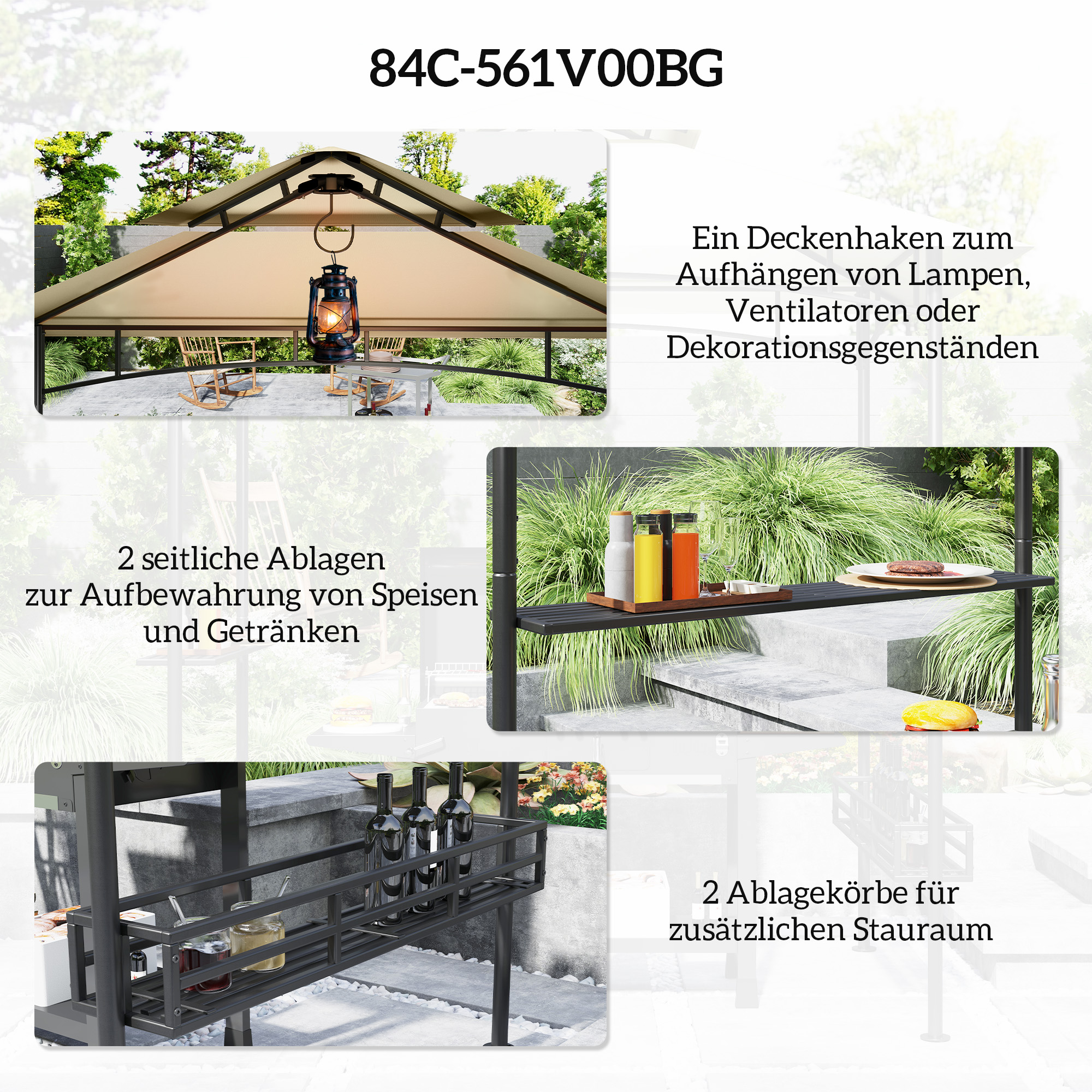 Outsunny BBQ-Tent, Grill-Tent, Tuinpaviljoen met 2 Planken, Opbergmanden, Haken, voor Terras, Beige