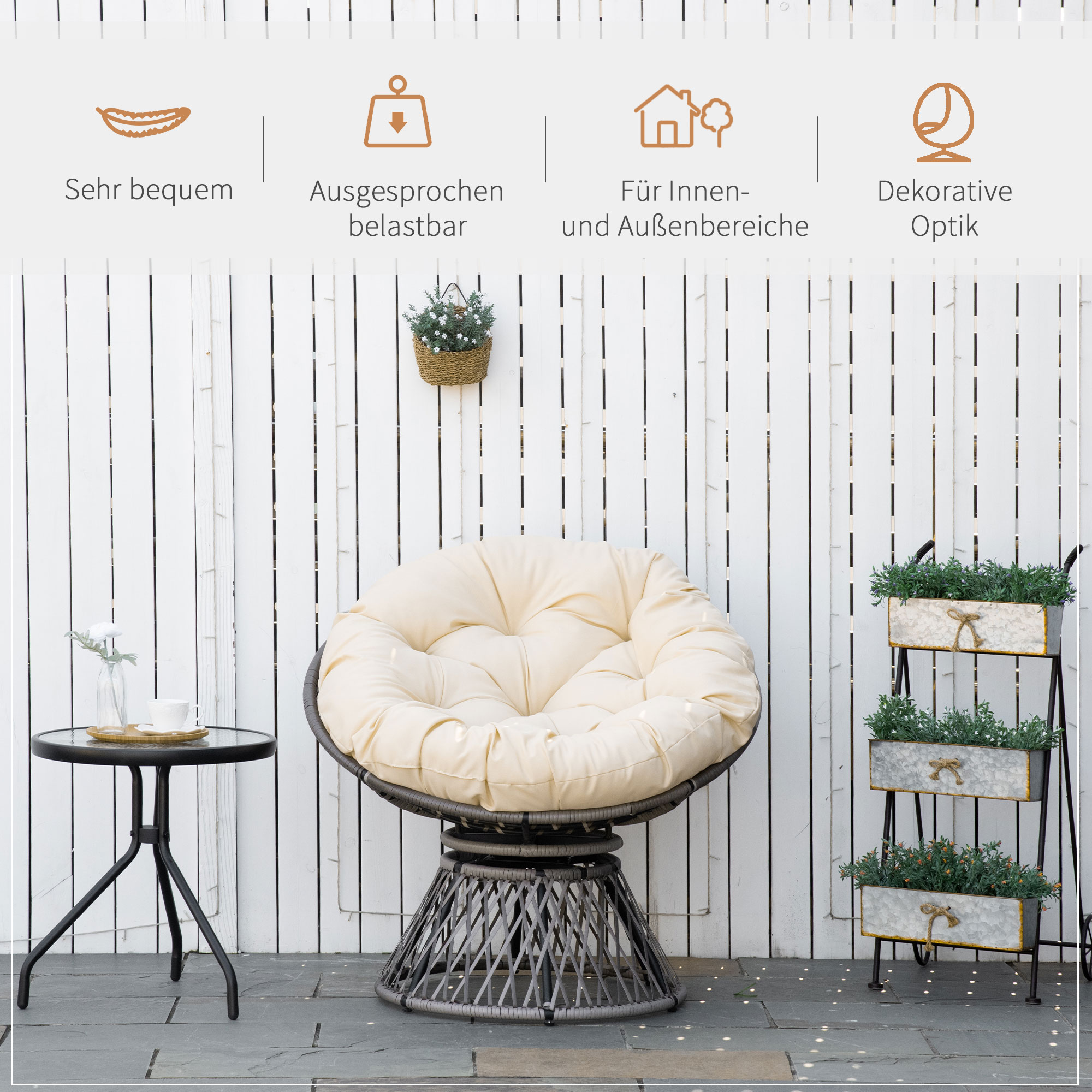 Outsunny Papasan Stoel Rotan Fauteuil met Kussen, Kunstrotan, Draaibaar, 87 x 97 x 86 cm, Beige
