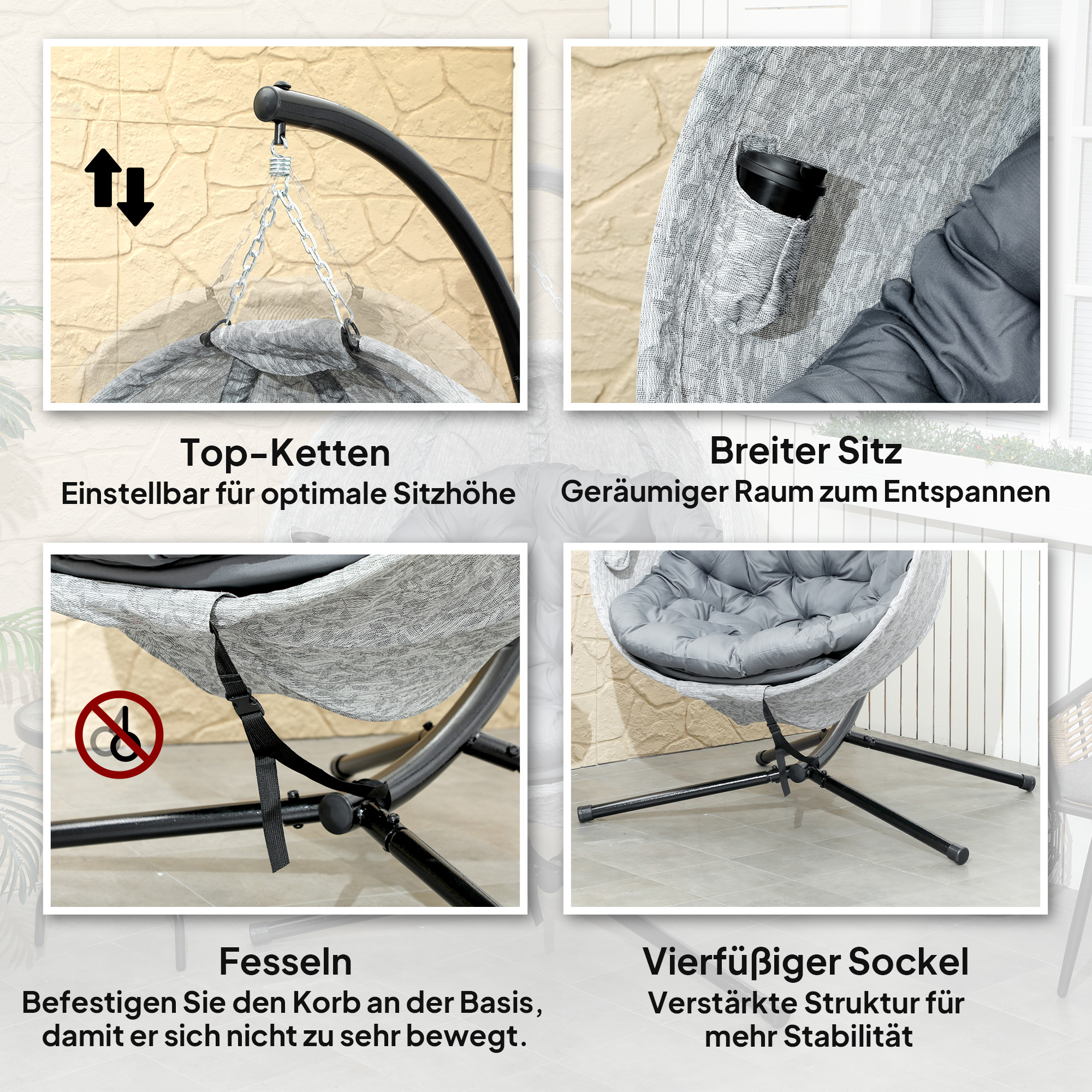 Outsunny Ei-vormige Hangmand, Hangstoel met Schommelfunctie en Opvouwbare Mand, Tuinstoel, Bekerhouder, Grijs