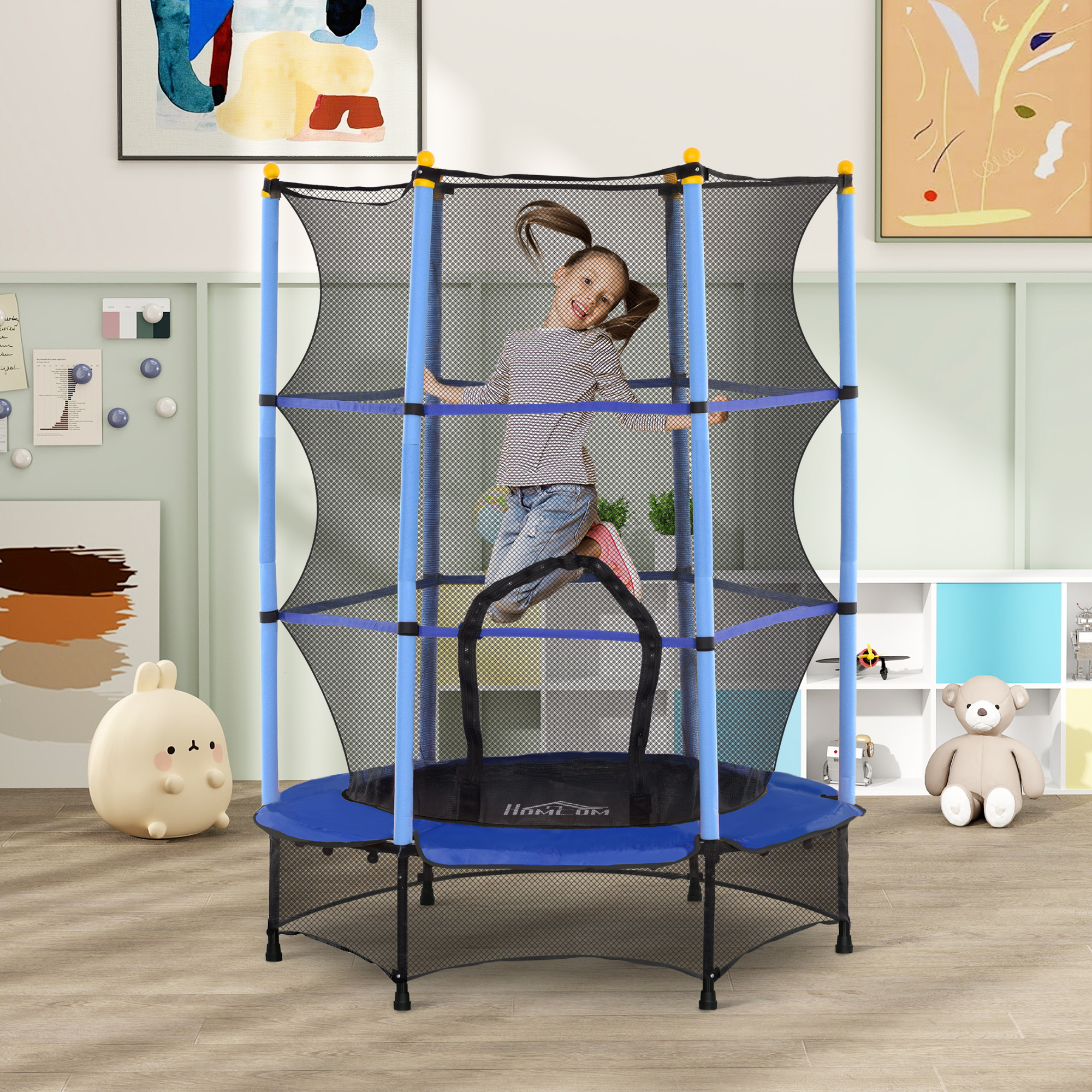 HOMCOM Kindertrampoline, Ø140 cm, met Veiligheidsnet, Binnen en Buiten, Staal, Kunststof, Tot 50 kg Belastbaar, Blauw