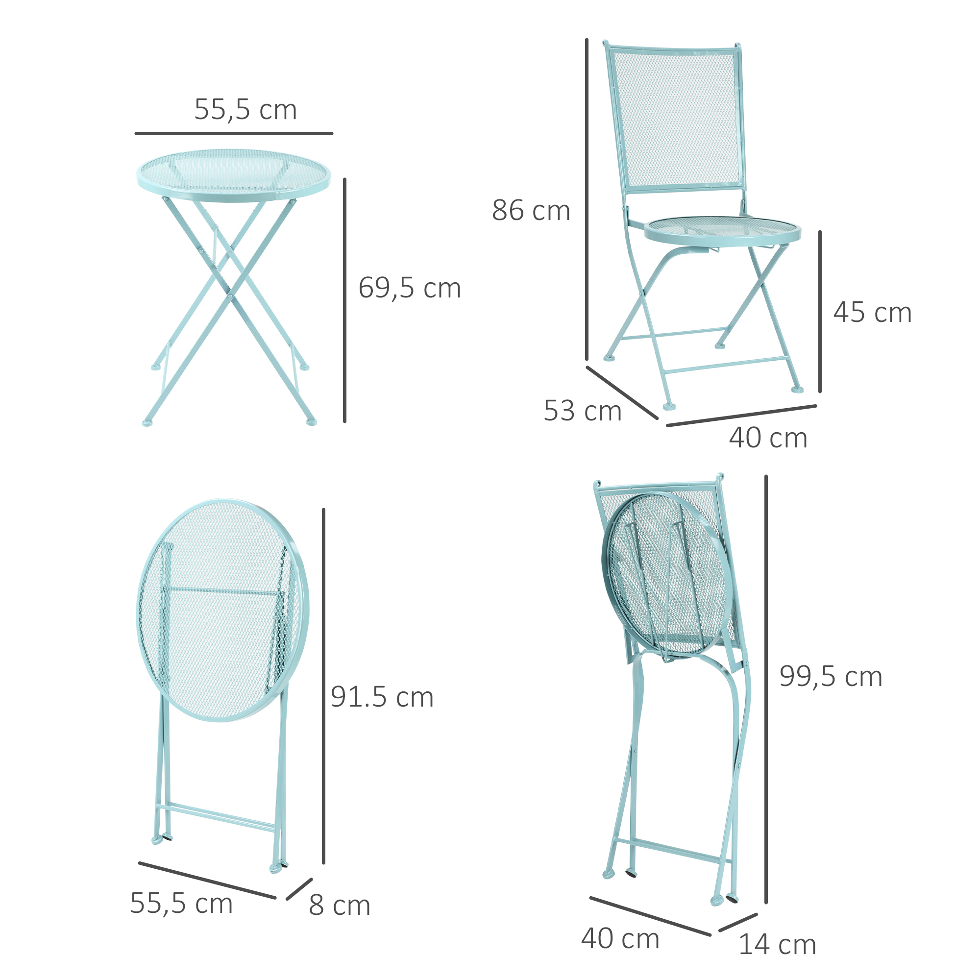 Outsunny tuinzitgroep 3-delige bistroset set 1 tafel + 2 klapstoelen voor terrasbalkon metaal blauw