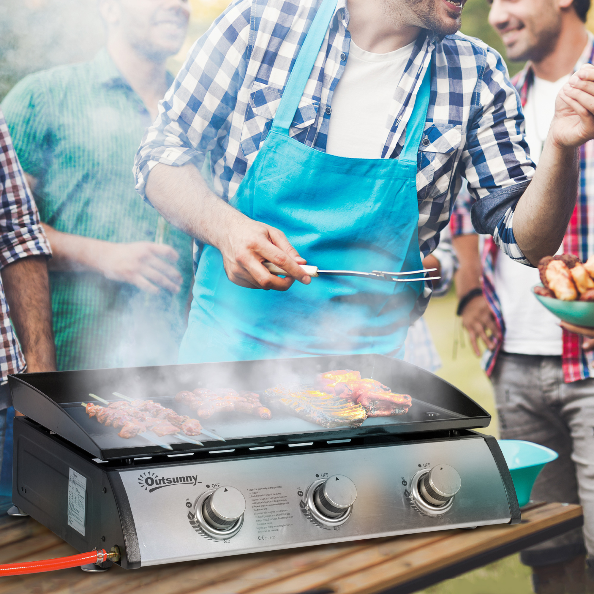 Outsunny Gasgrill met 3 Branders, Slang, Anti-aanbak Grillplaat, Roestvrijstaal, Kleur: Zilver, 63 x 48 x 21 cm