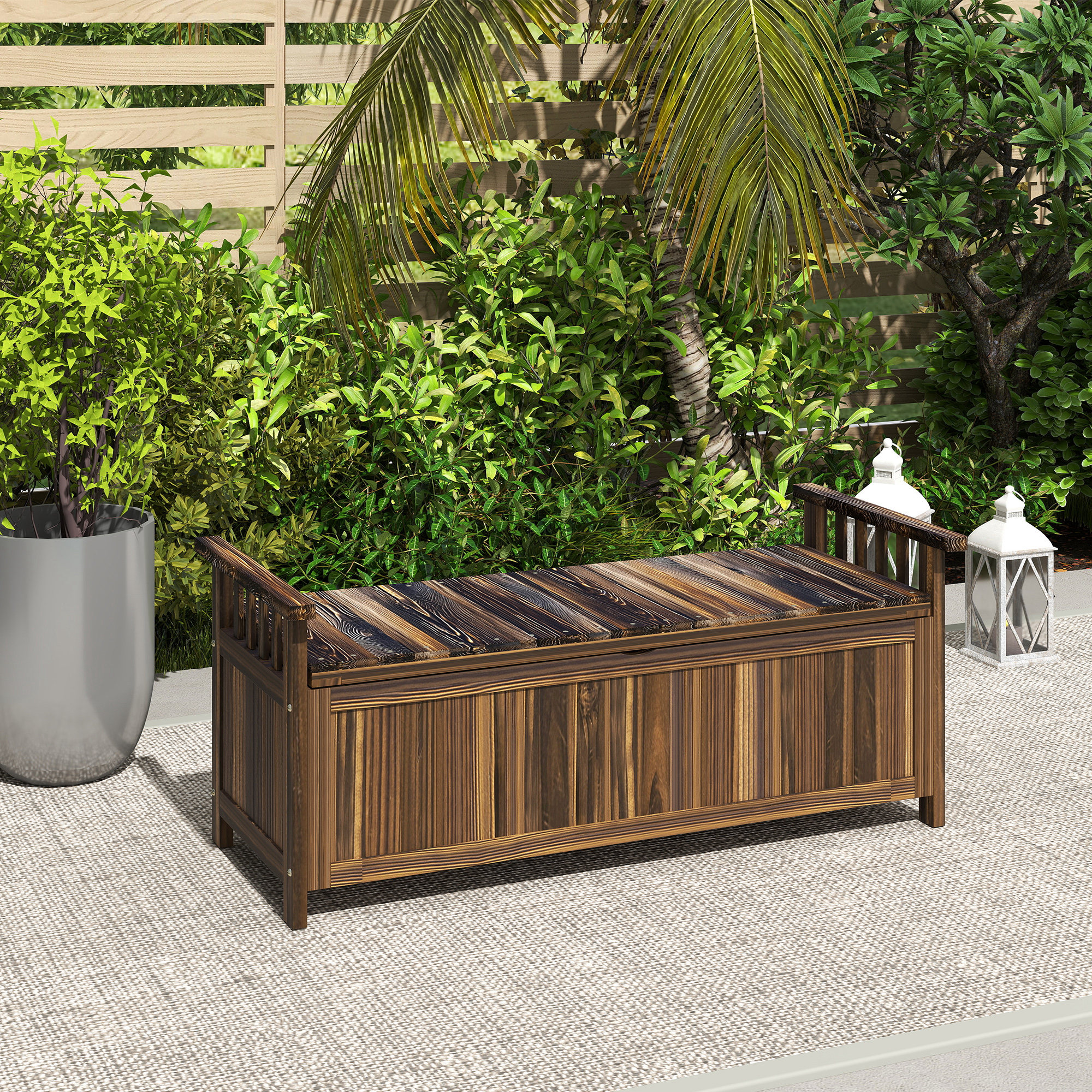 Outsunny 2-Zits Tuinbank van Hout met Weerbestendige Zitting, Tuinmeubilair met Opbergruimte en Armleuningen 128,5 x 56 x 53,5cm, Verkoold