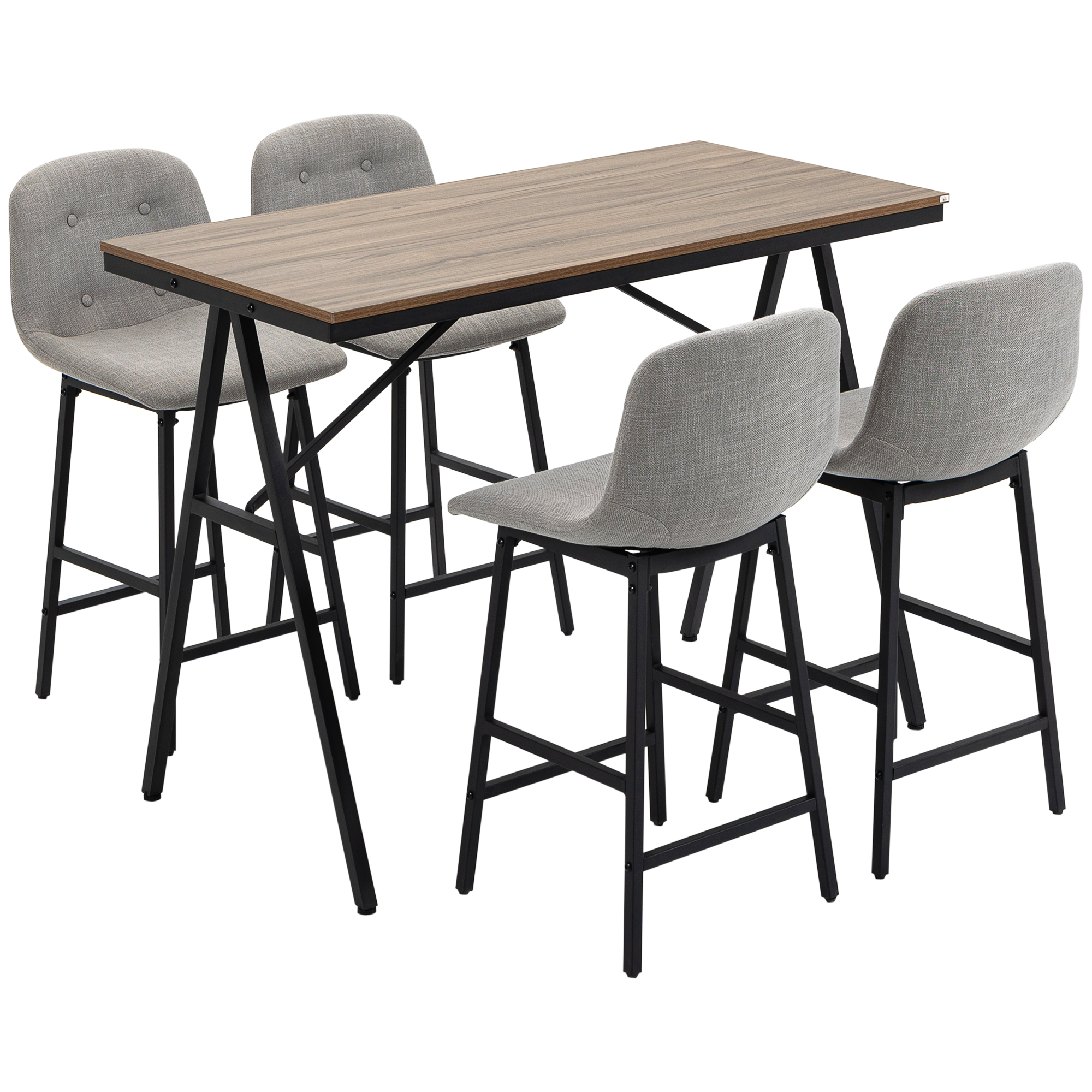 HOMCOM 5-delige Bargarnituur, Tafel en 4 Stoelen, Knoopafwerking, Dikke Bekleding, Linnenlook, Grijs