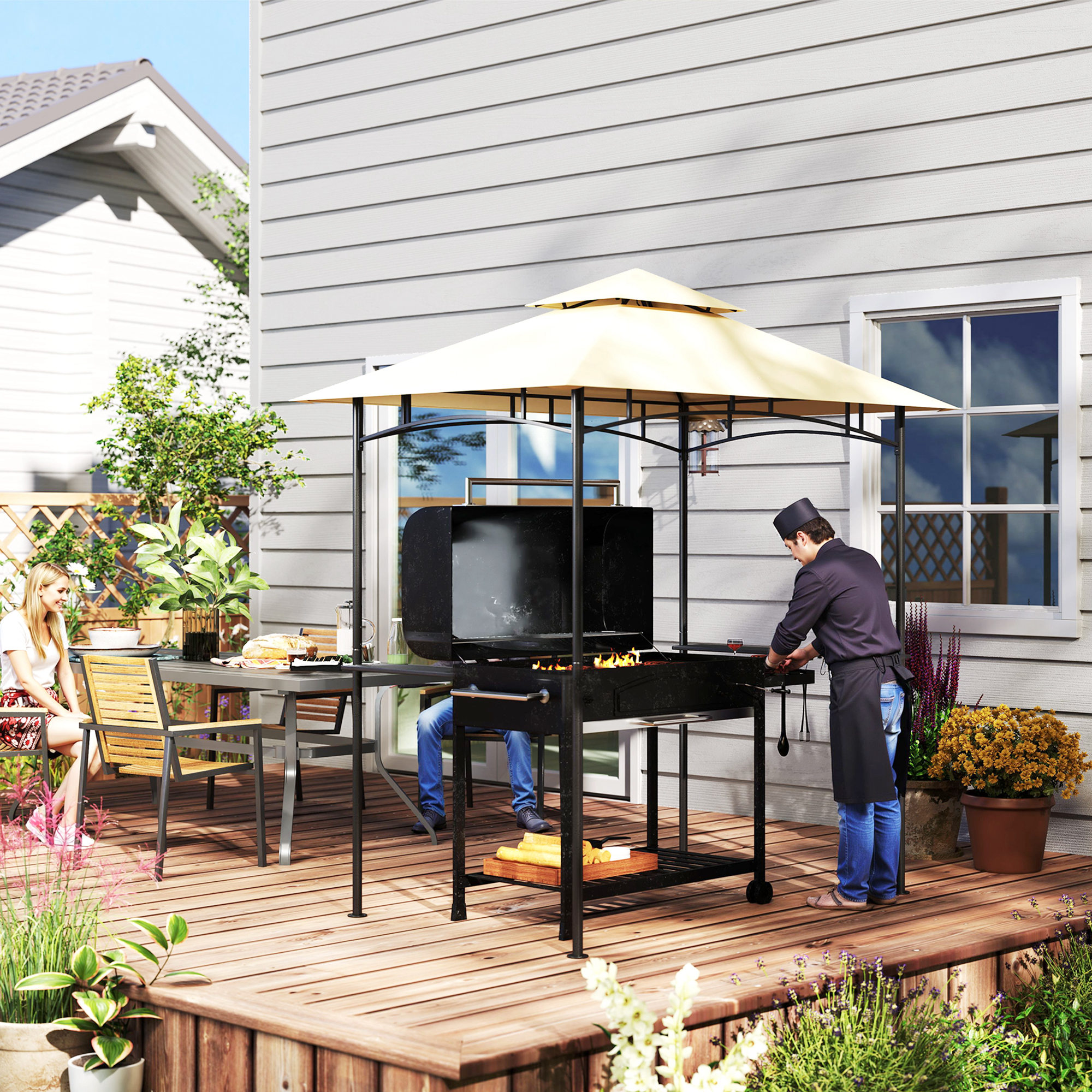 Outsunny Grillpaviljoen met LED 240 x 150 x 258 cm Waterafstotend Vlamvertragend Tuinpaviljoen met Dubbellaagse Overkapping