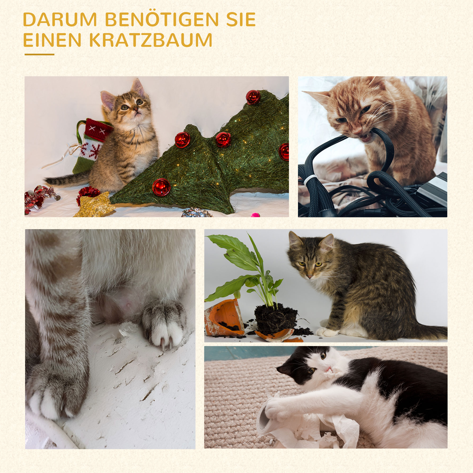 PawHut Krabpaal met 2 Hangmatten en 2 Kattenholen, Inclusief Speelgoed, Pluche en Sisaltouw - Lichtgrijs