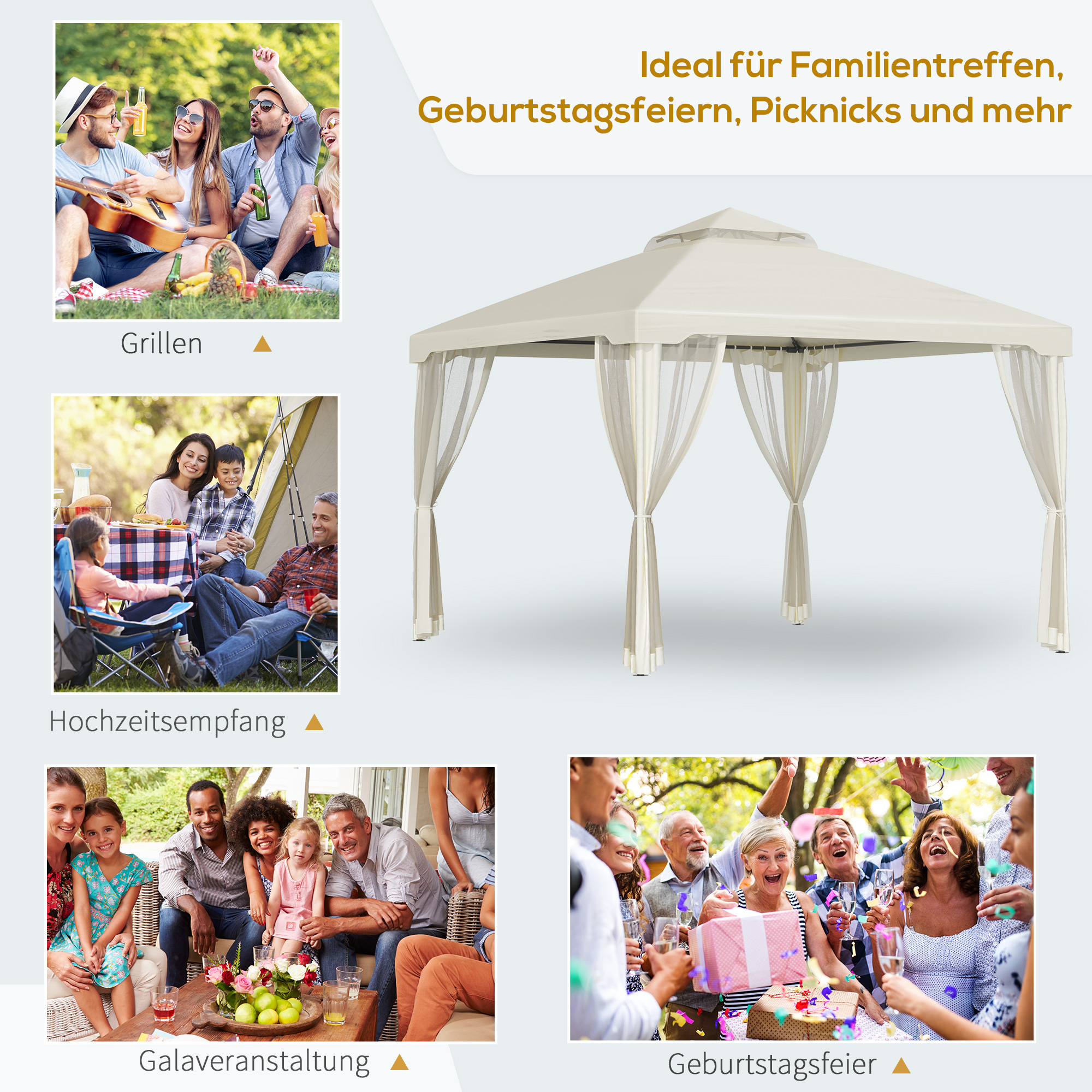 Outsunny tuinpaviljoen gazebo tuintent partytent met 4 x zijwand weerbestendig metaal + polyester crème wit 3 x 3 x 2.6 m