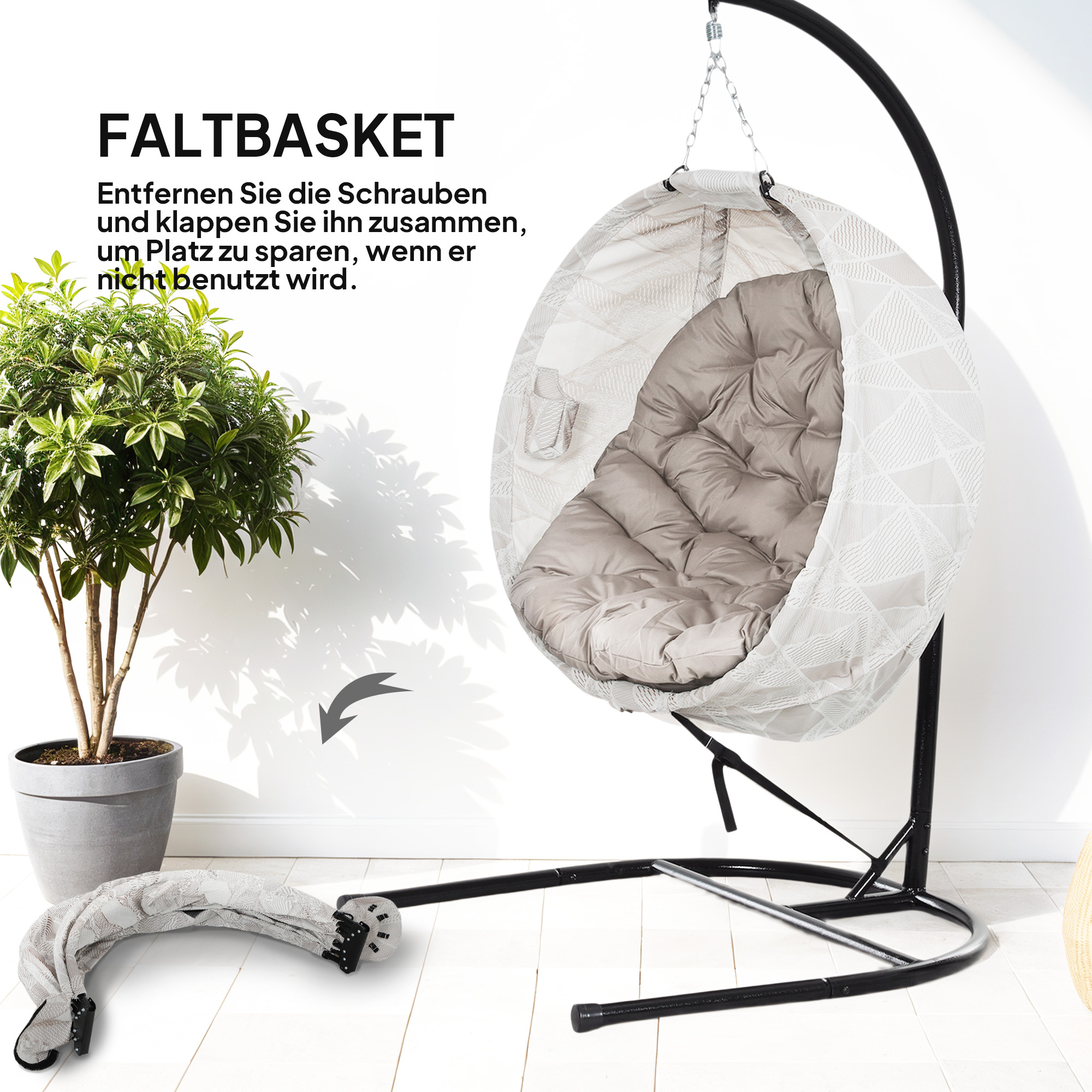 Outsunny Eivormige hangmand, hangstoel met schommelfunctie en opvouwbare mand, tuinstoel, bekerhouder, Zandbruin