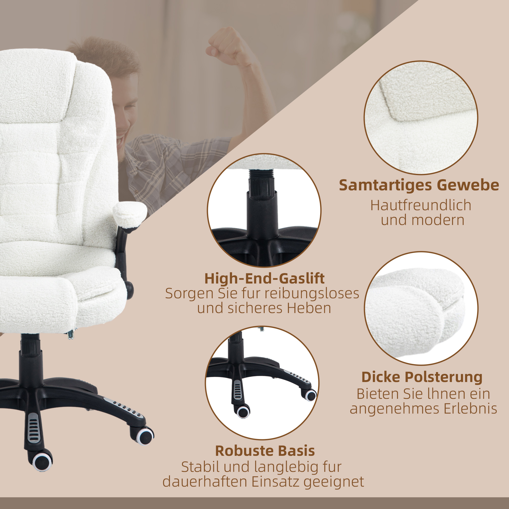 Vinsetto Bureaustoel met massagefunctie, verstelbaar in hoogte, 67 x 74 x 107-116 cm, wit