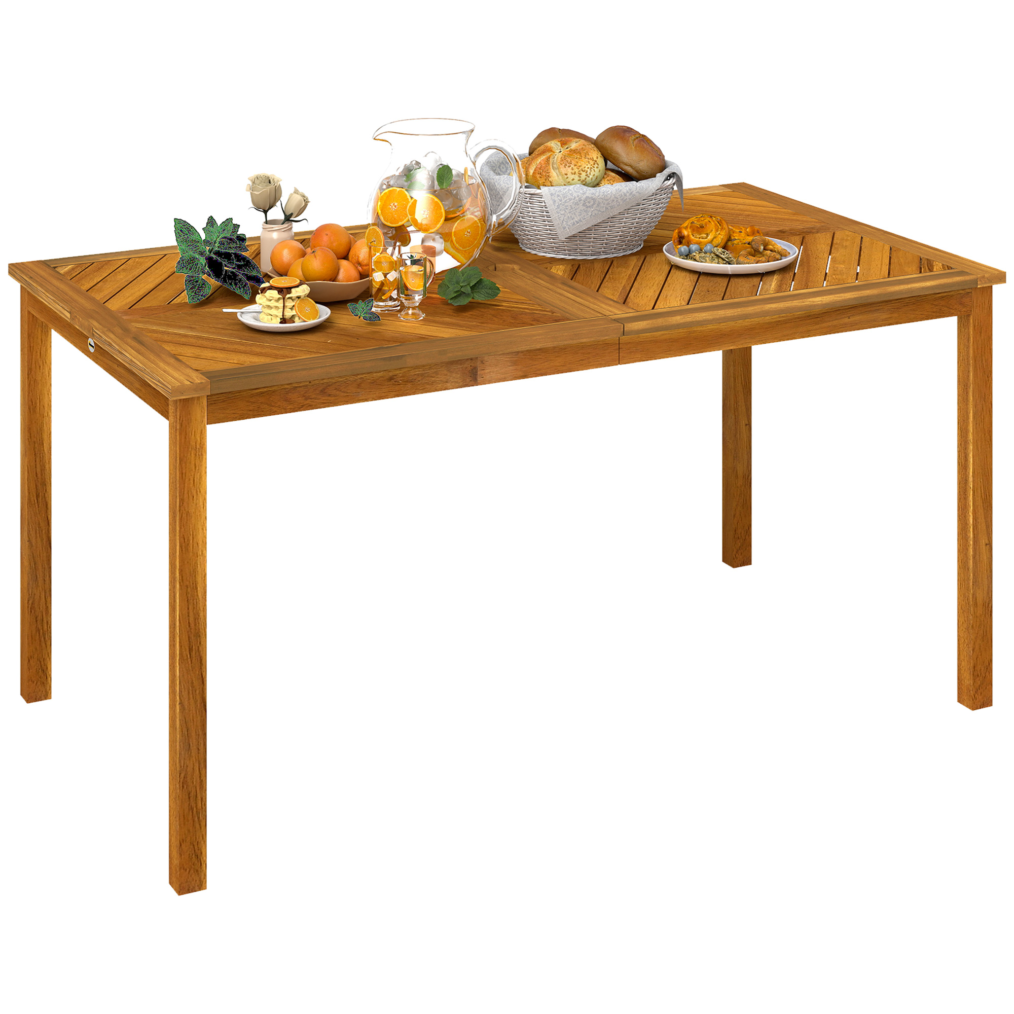 Outsunny Tuintafel inklapbaar 150x85cm, Weerbestendige Balkontafel van Hout, 6-Persoons met Parasolgat, Lamellenontwerp Teak