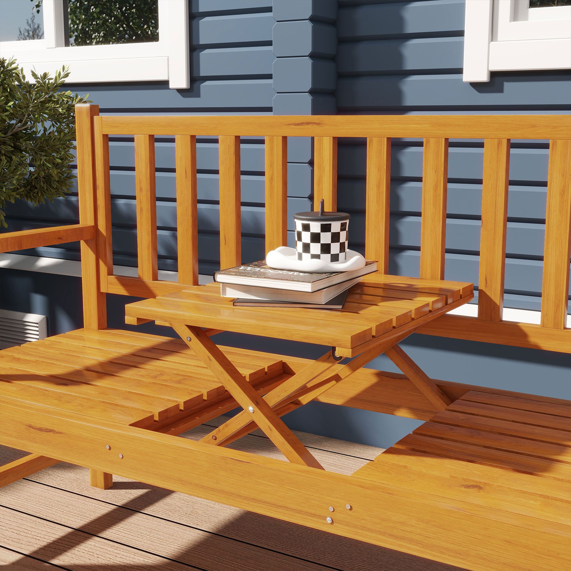 Outsunny Tuinbank Houten Bank Buitenbank, inklapbare Tafel, weerbestendig, Grenenhout, 153 cm x 56 cm x 91 cm, Lichtbruin