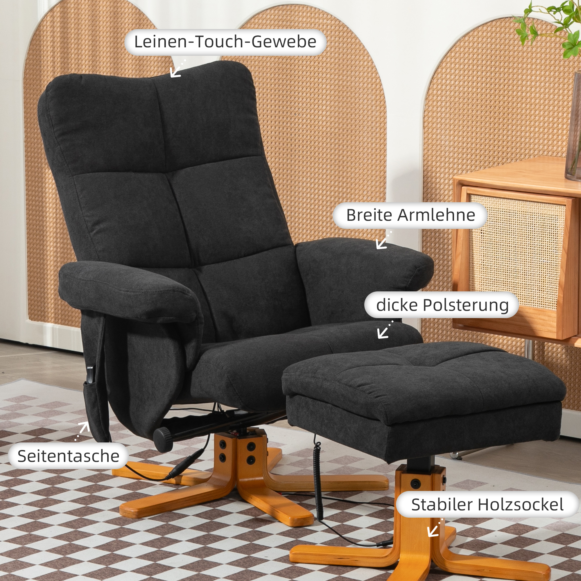 HOMCOM Massagestoel met Ligfunctie en Voetenbankje, 145° Kanteling, Polyester, 80 x 86 x 99 cm, Zwart