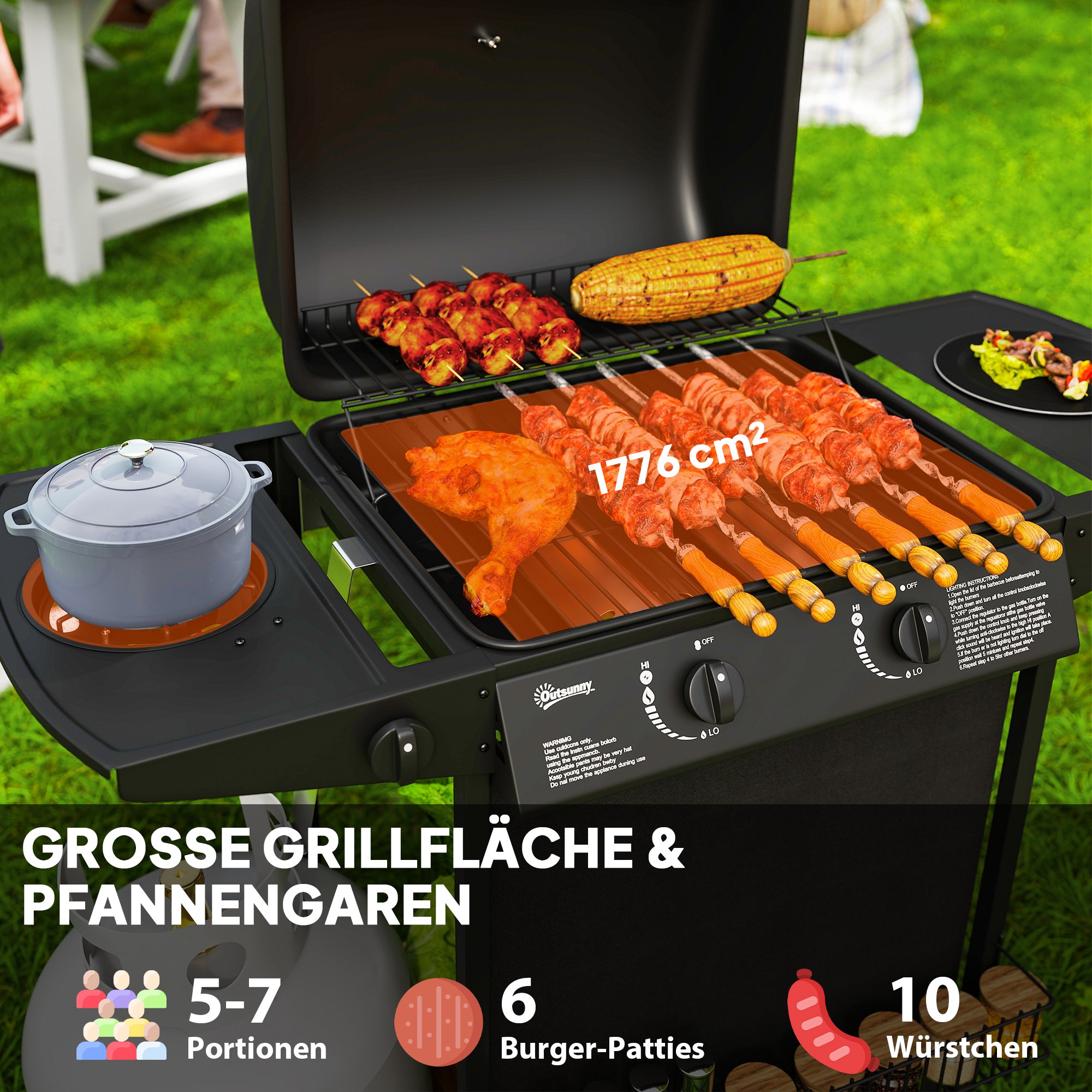 Outsunny Gasbarbecue 7 KW met 3 Branders, Zijbrander, Rollen & Deksel 107 x 54 x 96 cm Zwart