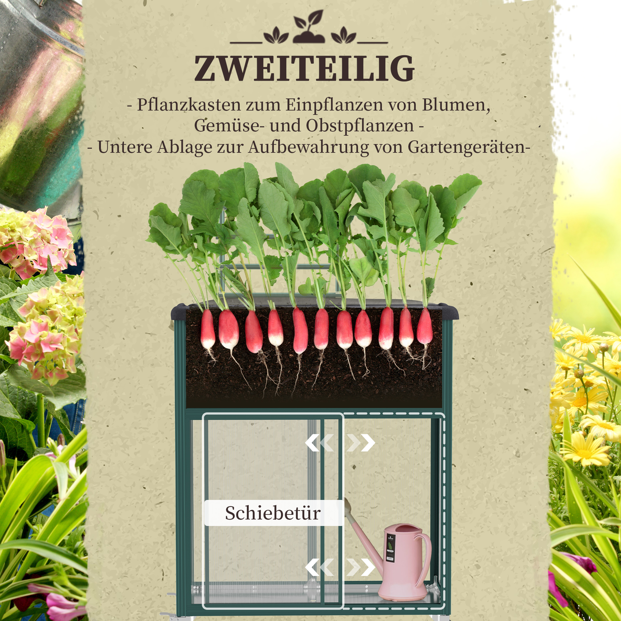 Outsunny Buitenzonnig verhoogd bed met latwerk, bloembak met wielen, plank, staal