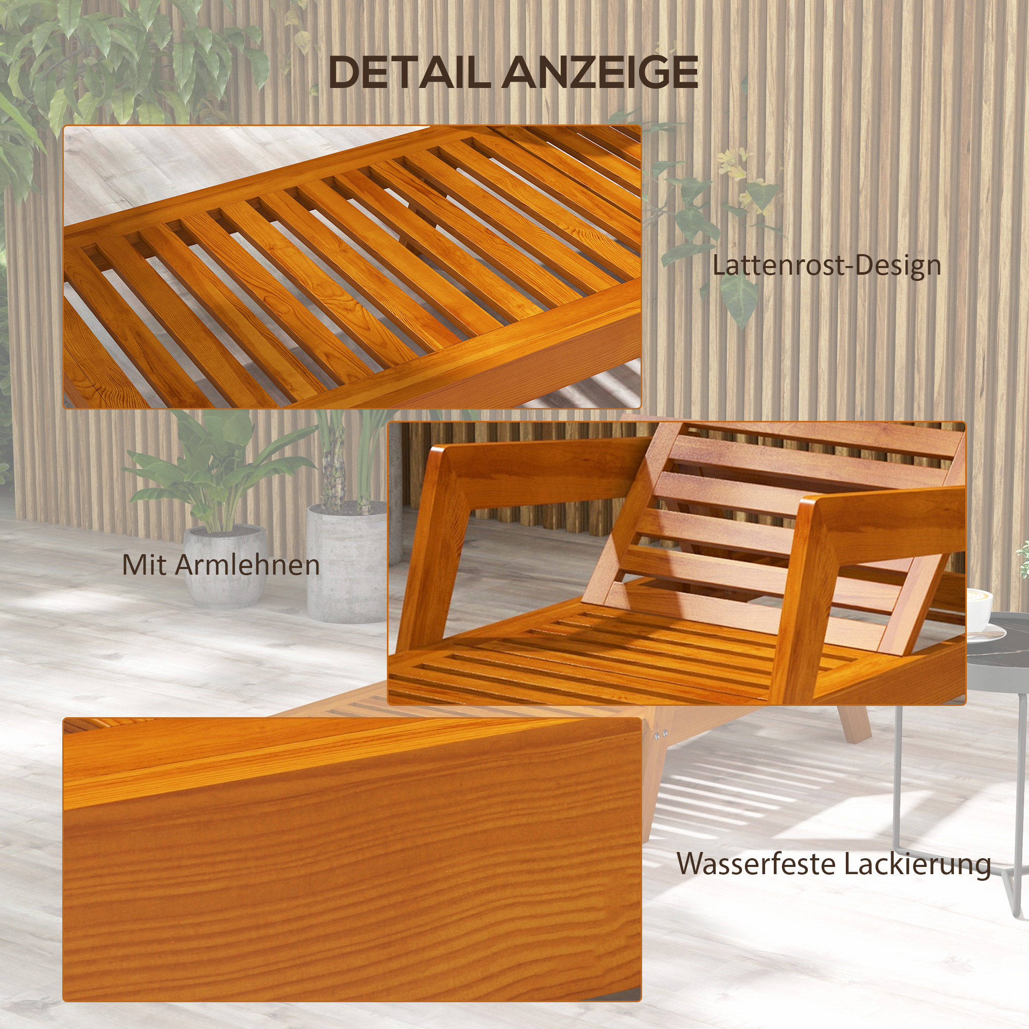 Outsunny Ligstoel Tuinligstoel Houten Ligstoel, Massief hout, 66 cm x 190 cm x 73,5 cm, Oranje