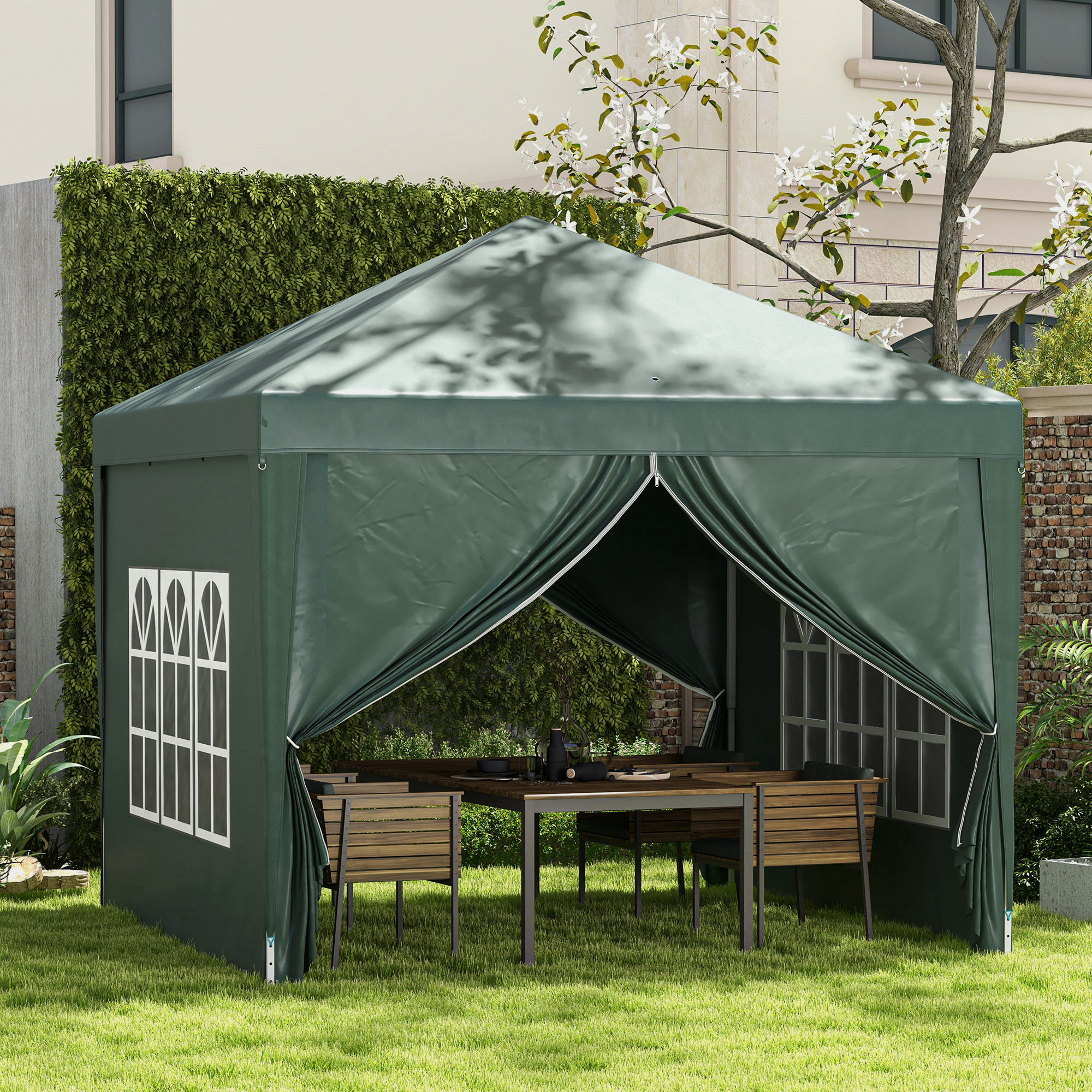 Outsunny Paviljoen, Biertent, 4 verwijderbare zijwanden, 2 ramen, Metalen frame, 2,95 x 2,95 m, Groen