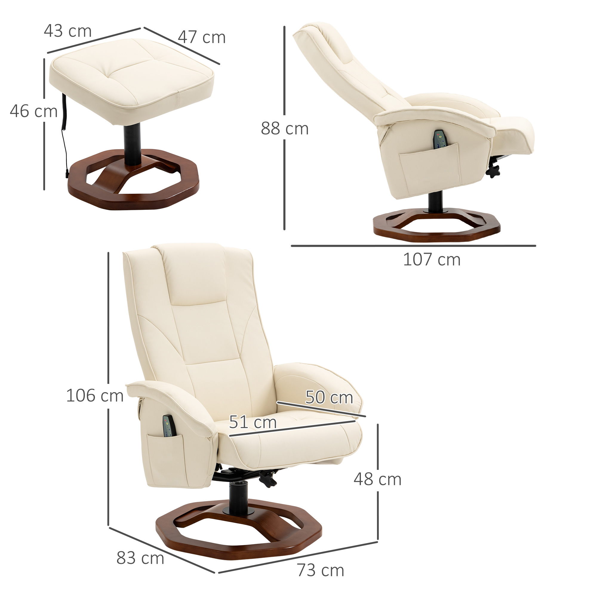 HOMCOM massagestoel, met voetenbank, 10 massagepunten, verstelbare functie, draaibare zitting, roomwit, 73 x 83 x 106 cm