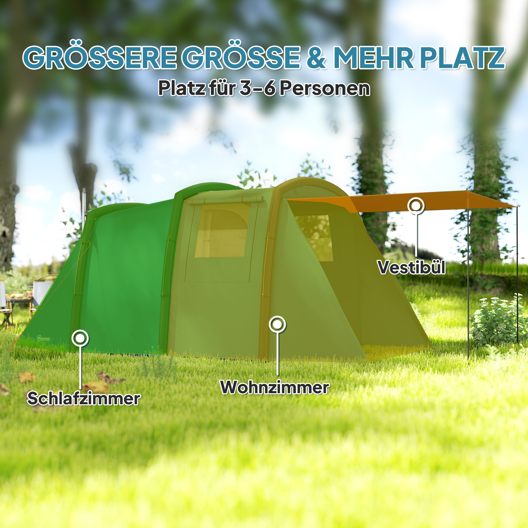 Outsunny Opblaasbare Campingtent 3-6 Personen Outdoor Tunneltent met Zijramen Deur Luchtsteunen 4,4 x 2,8 x 1,95 m Blauw