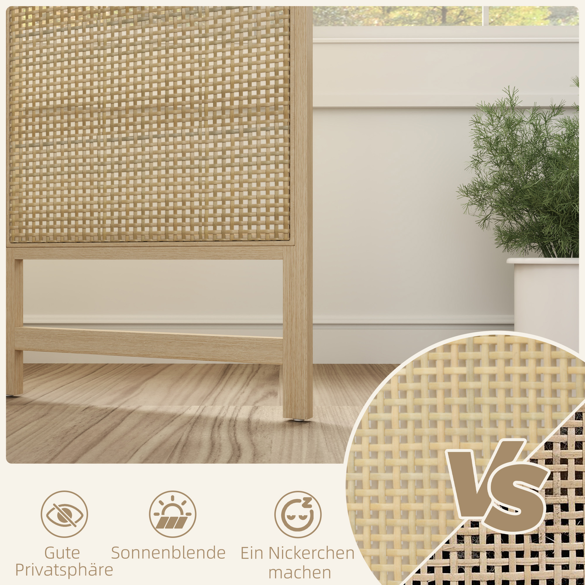 HOMCOM Driedelige, Opvouwbare Kamerscherm, 180 cm Vrijstaande Scheidingswand met Handgeweven Design voor Thuis, Natuur
