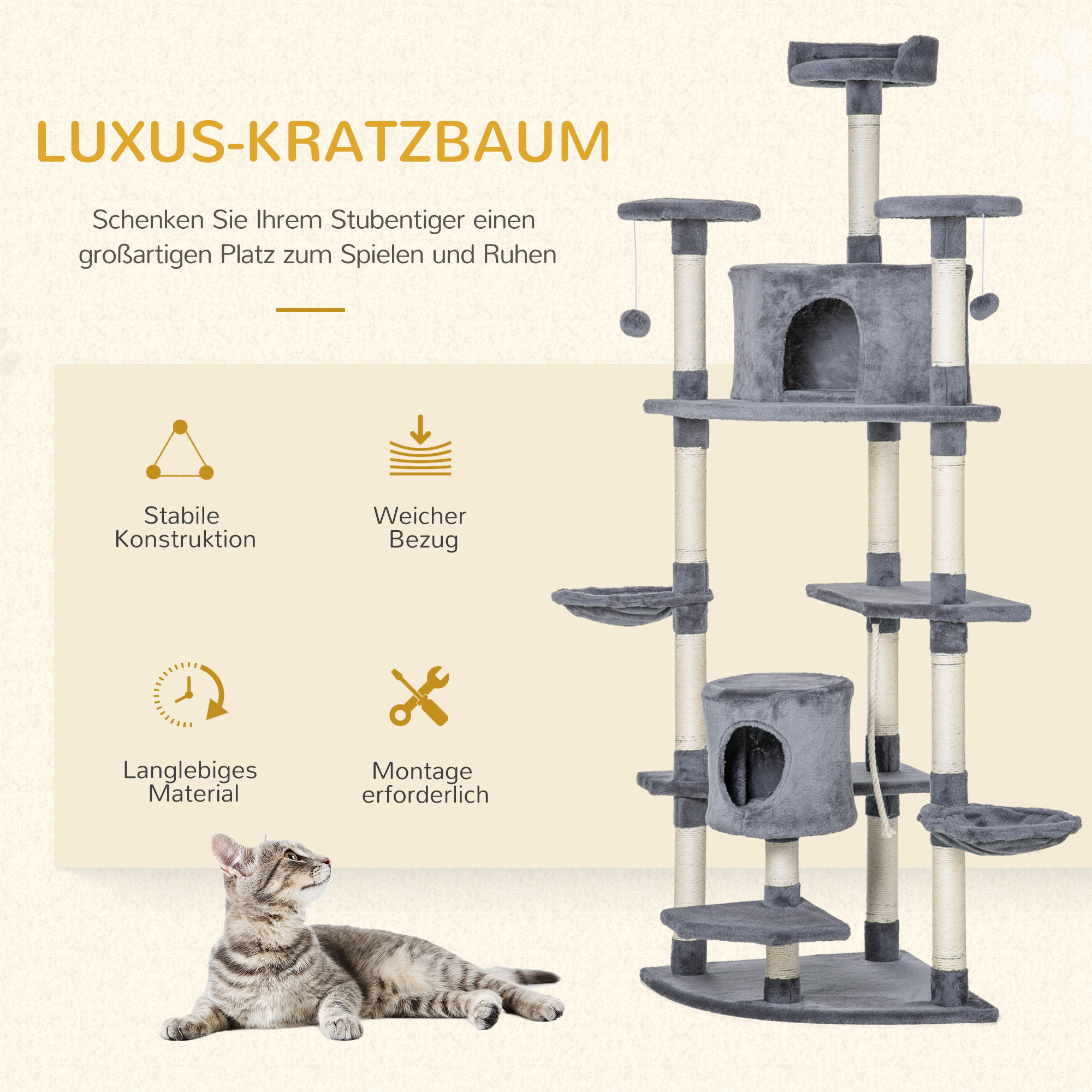 PawHut Krabpaal met 2 Hangmatten en 2 Kattenholen, Inclusief Speelgoed, Pluche en Sisaltouw - Lichtgrijs