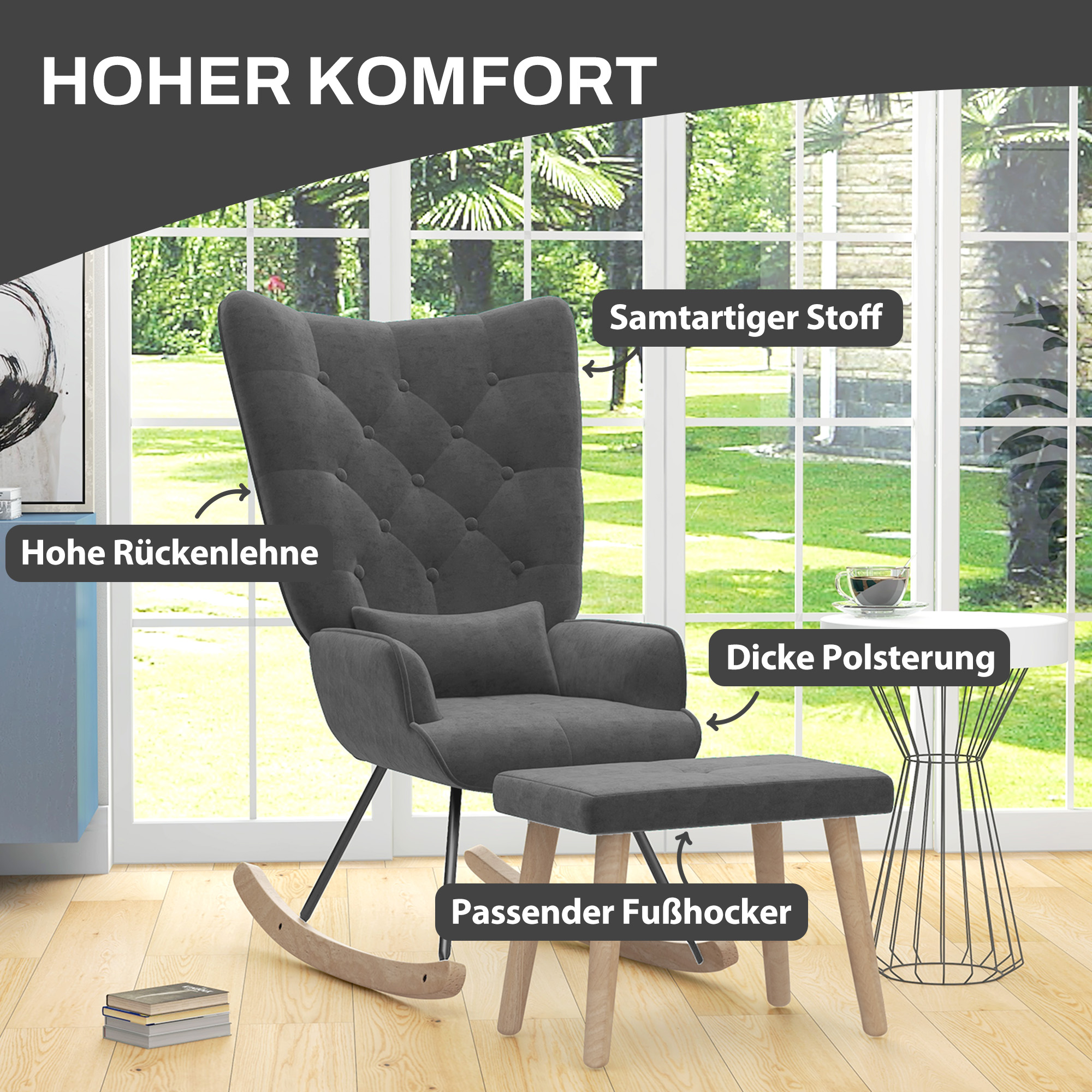 HOMCOM Accentstoel met Voetenbankje, Gestoffeerd, Hoge Rugleuning, Fluwelen Look, tot 150 kg, Donkergrijs