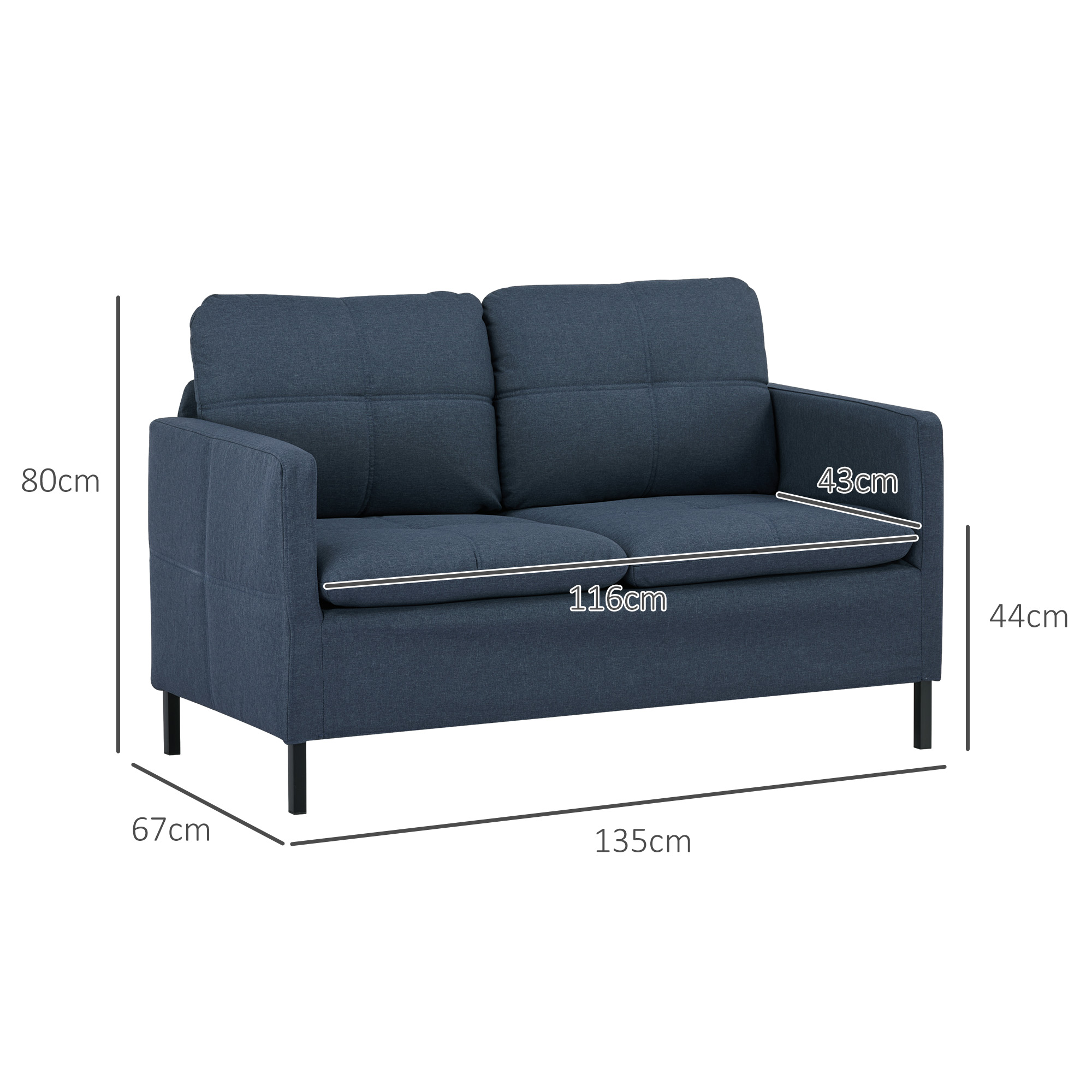 HOMCOM Tweezitsbank, Brede Armleuningen, Ademende Stof, Schuimvulling, 135 x 67 x 80 cm, Donkerblauw