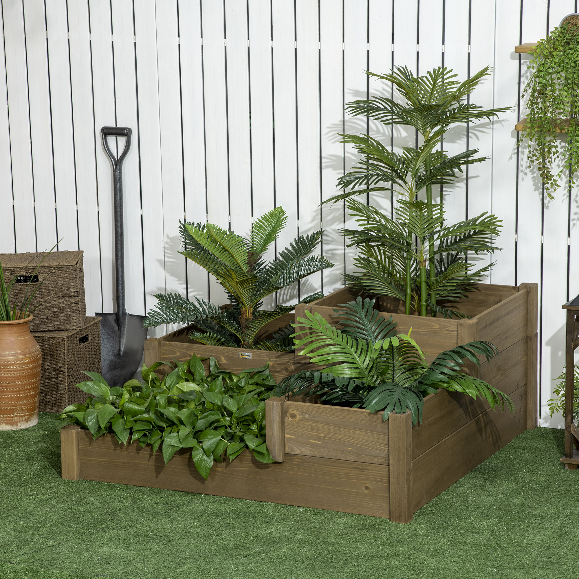 Outsunny bloembak met verhoogd groentebed met 3 treden voor terras en balkon
