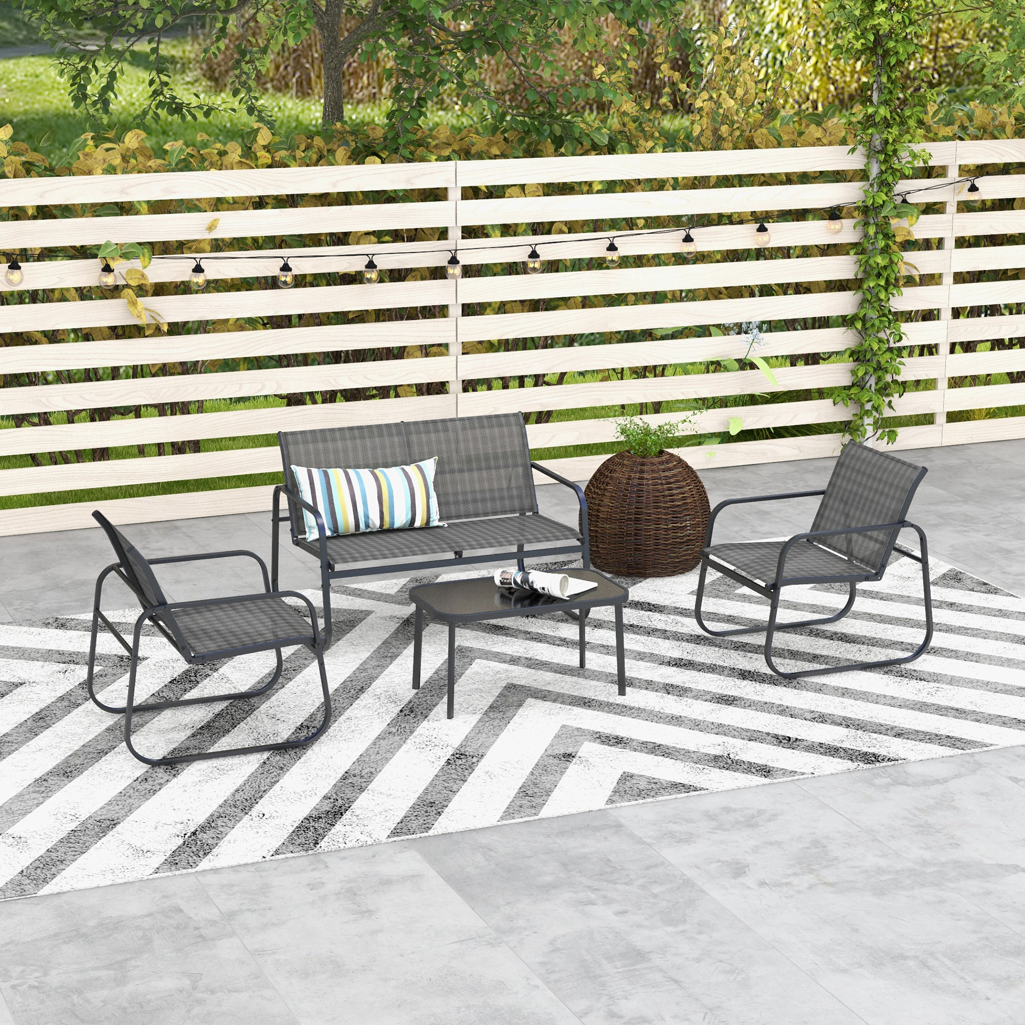 Outsunny 4-delige tuinset, 2 stoelen, 2-zitsbank, tafel met glazen blad, ademende stof, metalen frame, zwart