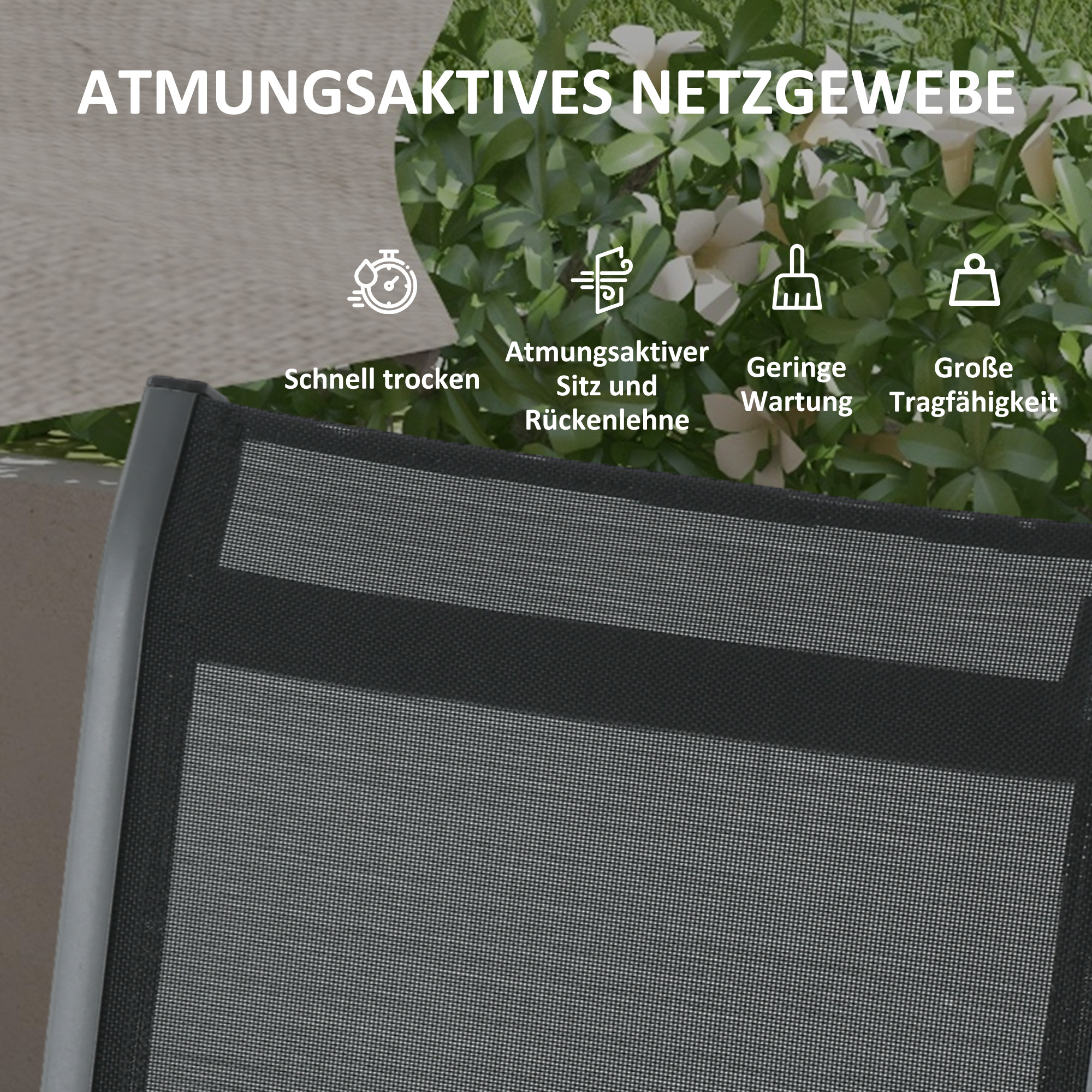 Outsunny Tuinset voor buiten, 4 inklapbare stoelen, tafel met glazen blad, verstelbare rugleuning, aluminium, donkergrijs