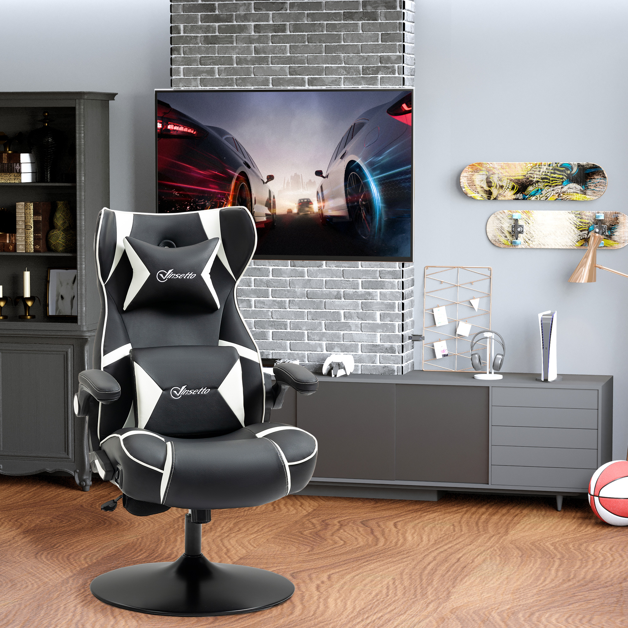 Vinsetto gamestoel, gamestoel, geïntegreerde luidsprekers, verstelbare rugleuning, zwart+wit, 69 x 73 x 118 cm