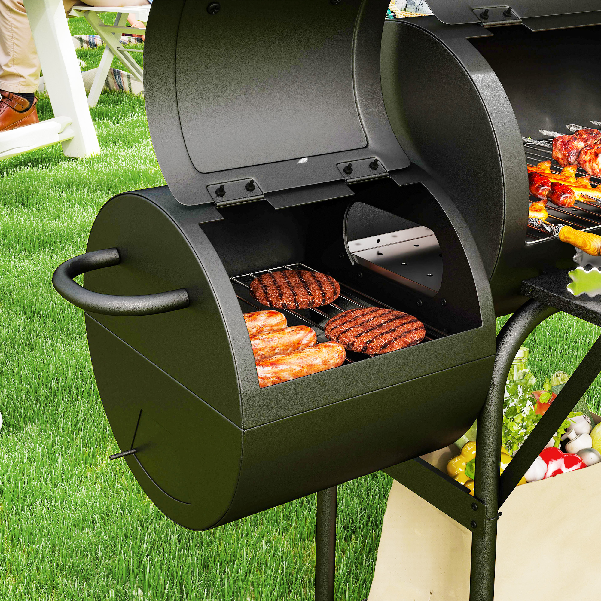 Outsunny Stalen Houtskoolgrill BBQ Smoker met Deksel, Thermometer, Wielen, Luchttoevoer, Kolenbak