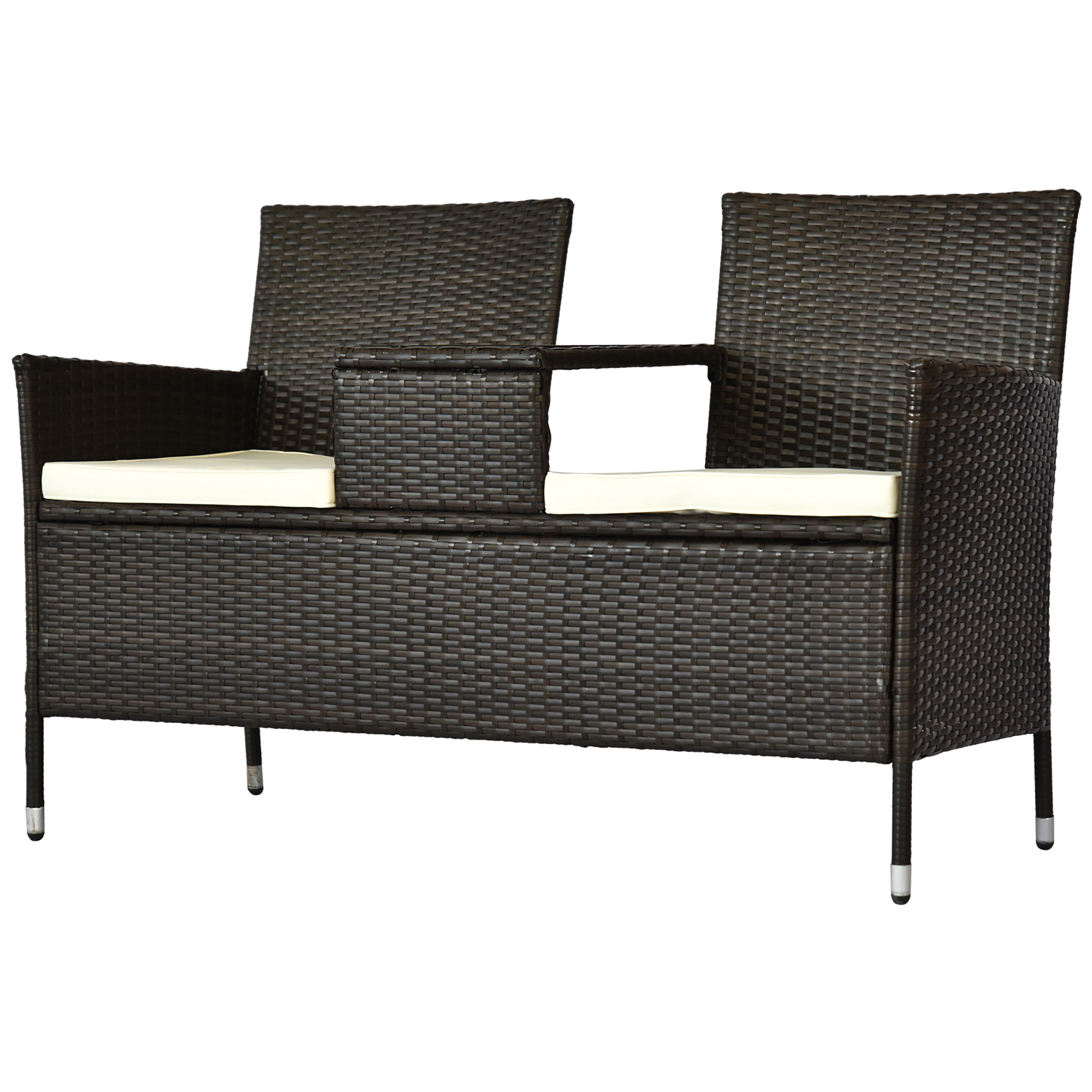 Outsunny Poly-rotan tuinbank met tafel tuinbank bank 2-zits staal bruin