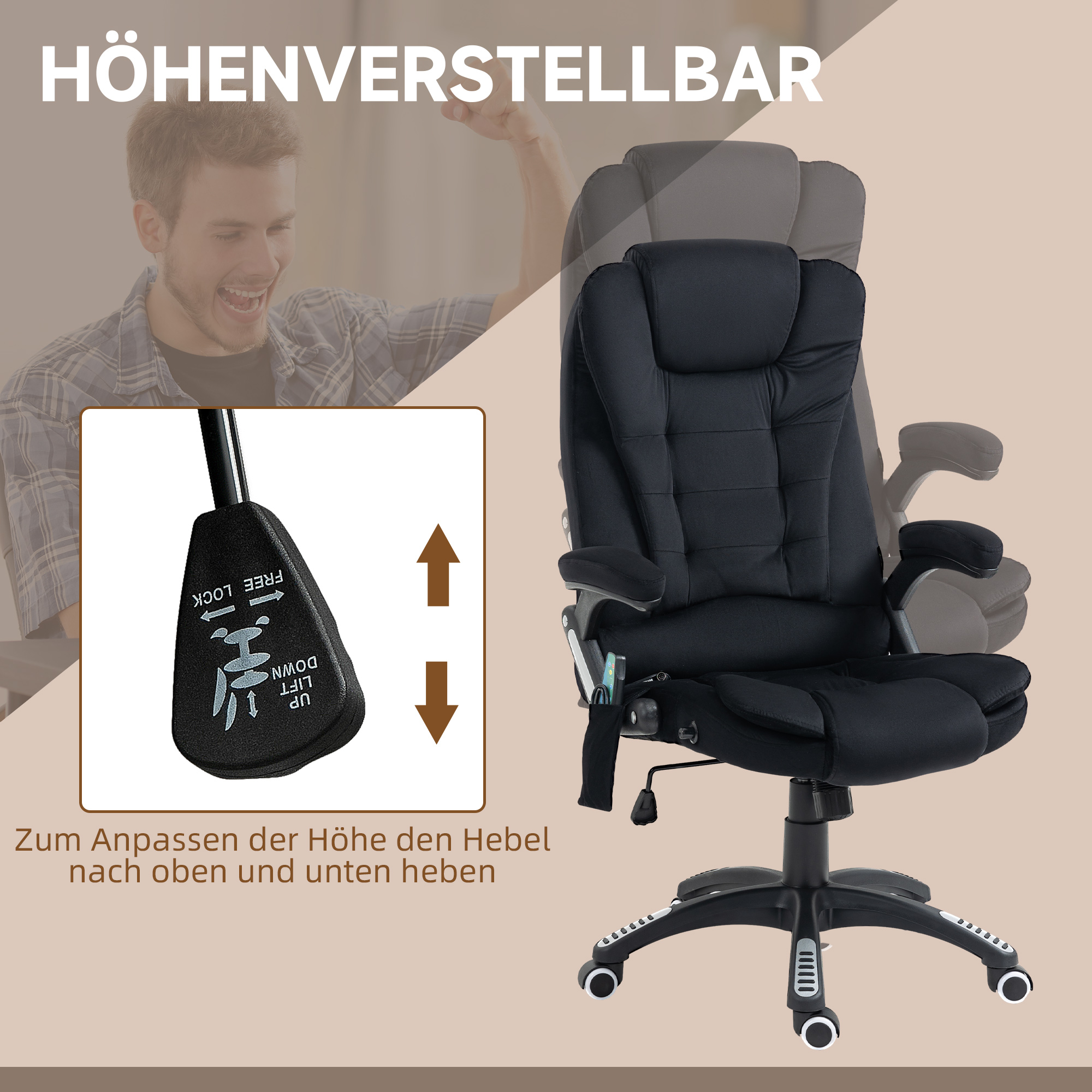 Vinsetto Bureaustoel met Massage- & Verwarmingsfunctie, Ergonomisch, Hoogteverstelbaar, Zwart