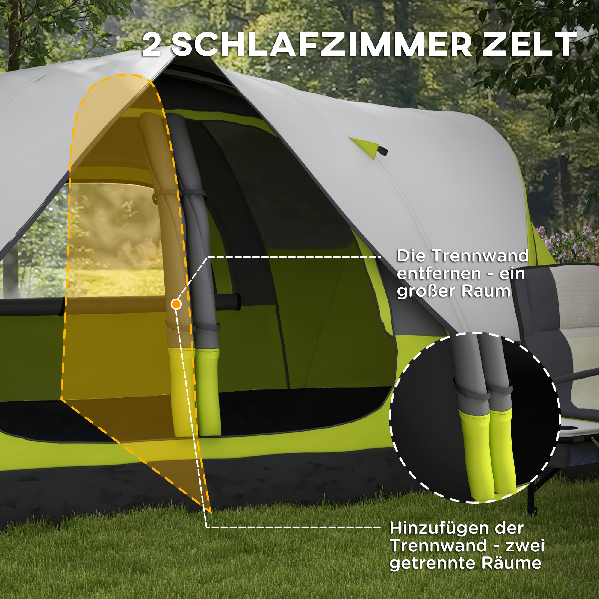 Outsunny Campingtent, 2 Kamers, Scheidingswand, voor 6 Personen, Regenbescherming, Donkergroen