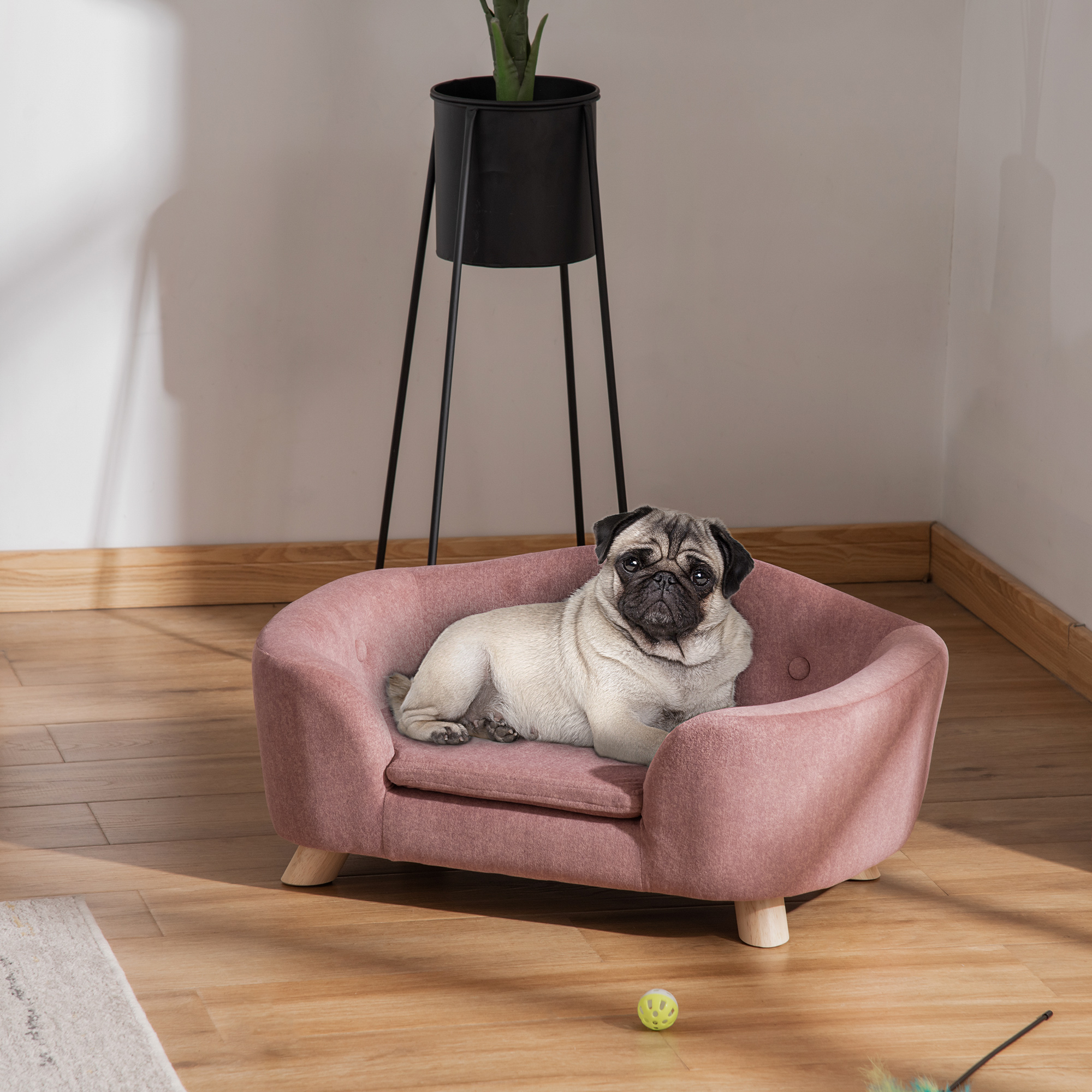 PawHut hondenbank hondenmat hondenmand hondenbank hondenbank katten bank met kussen achterzak pluche schuim grenen hout roze 70 x 47 x 30 cm