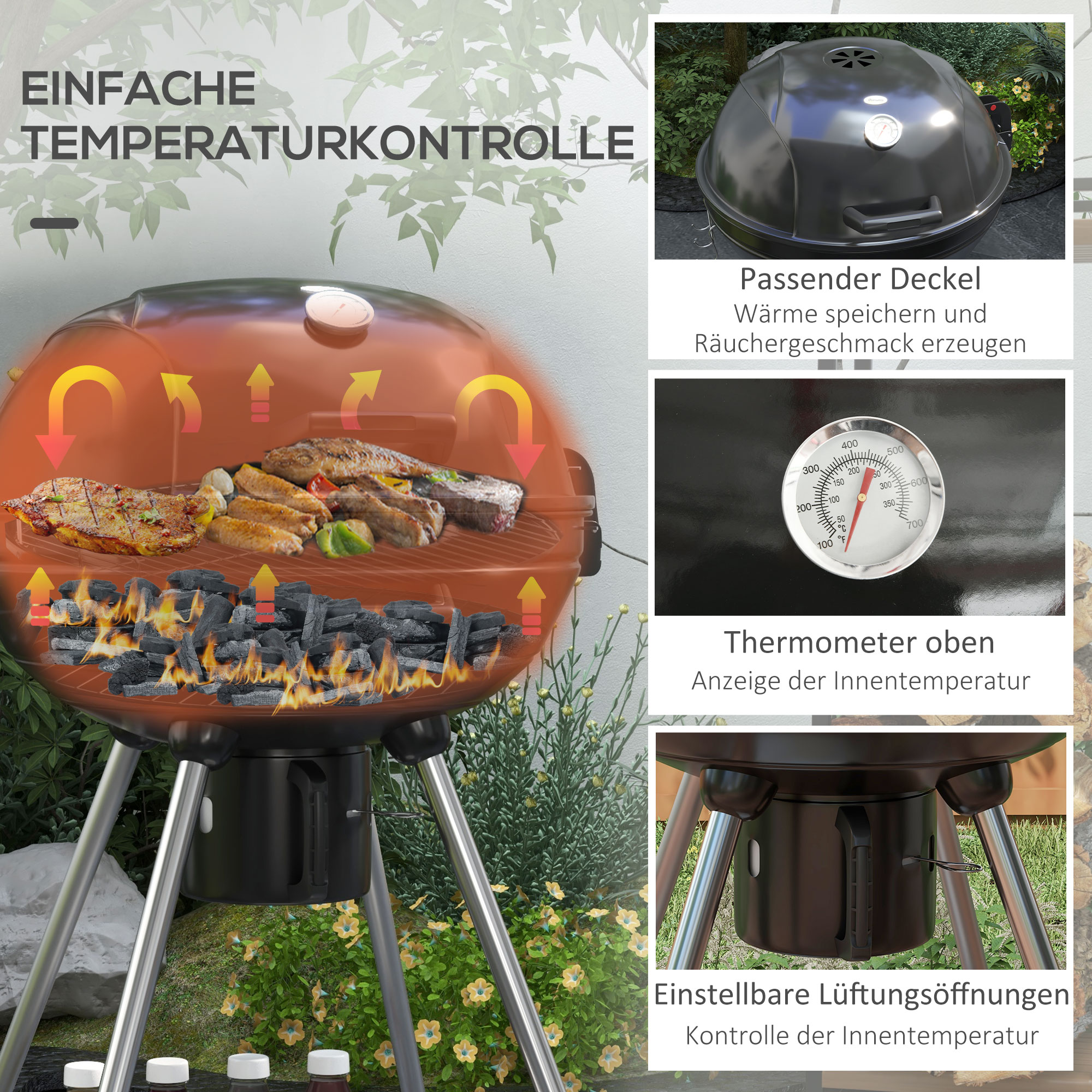 Outsunny Kogelbarbecue, Ø54 cm grillrooster, warmhoudrooster, opbergplank, aslade, thermometer, 55 x 65 x 89 cm, zwart