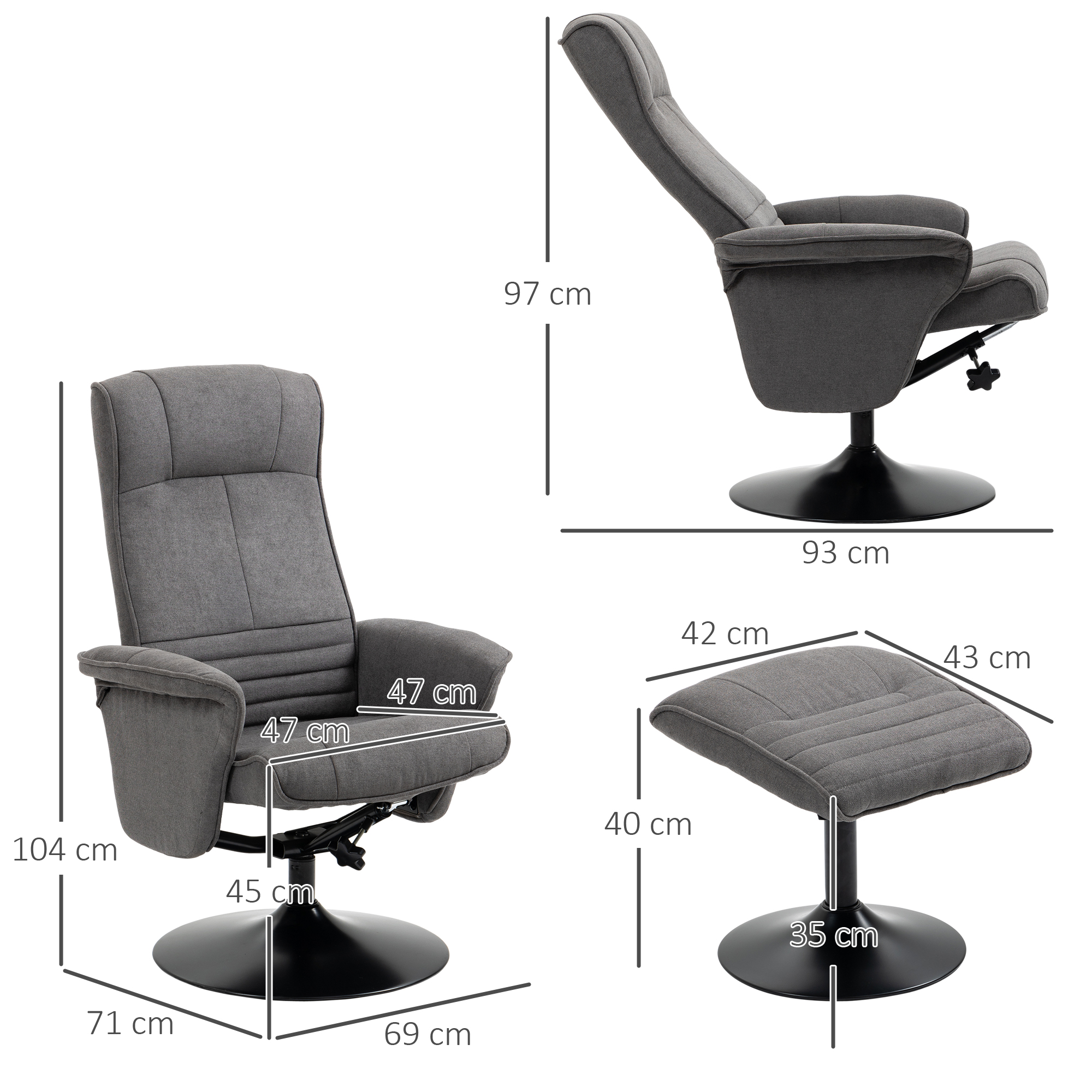 HOMCOM Relaxfauteuil met Voetenbankje, Verstelbare Rugleuning, 69 cm x 71 cm x 104 cm, Donkergrijs + Zwart
