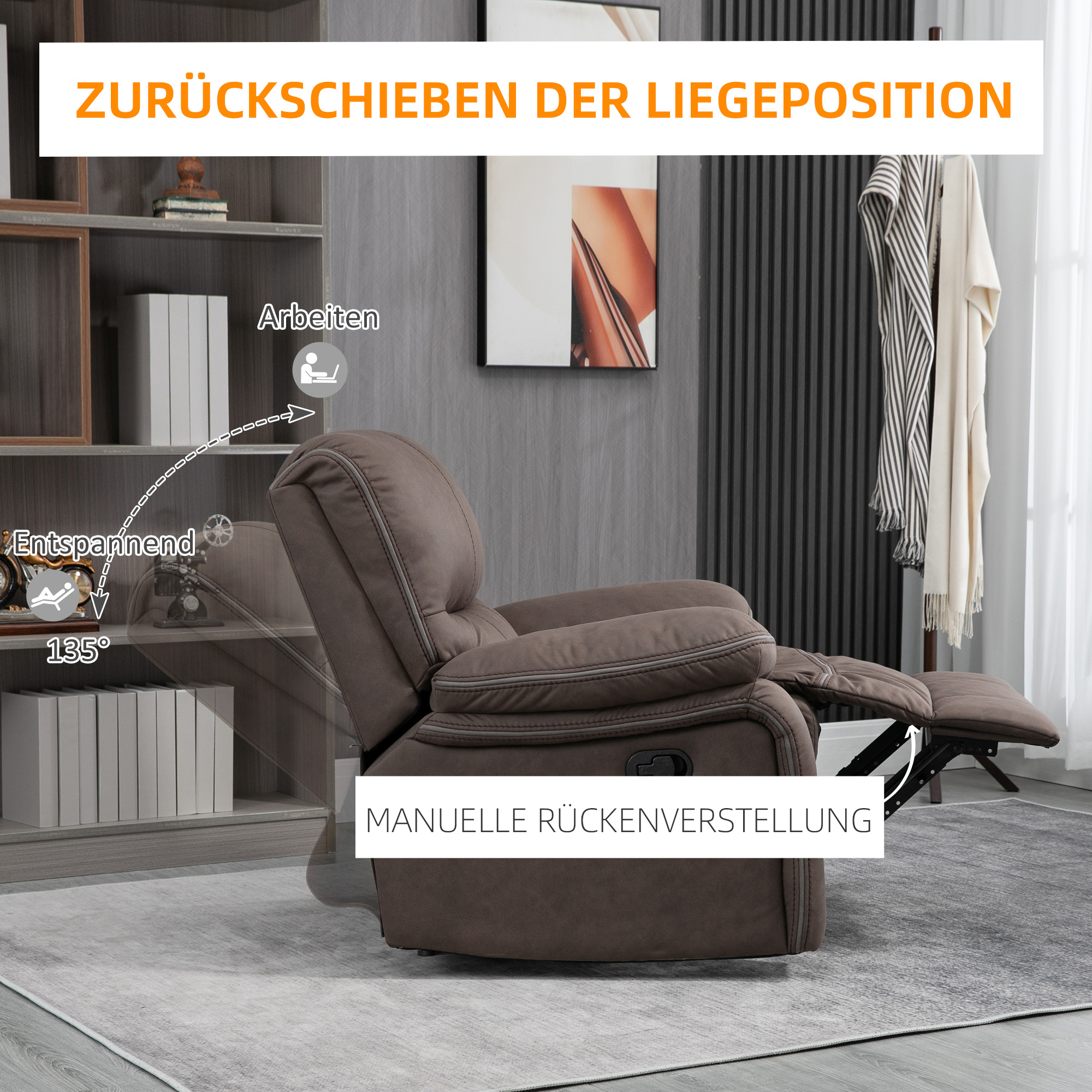 HOMCOM Relaxstoel met Voetsteun, Terugleunende Ontspanningsstoel, Microvezelbekleding in Lederlook, Metalen Structuur, Bruin