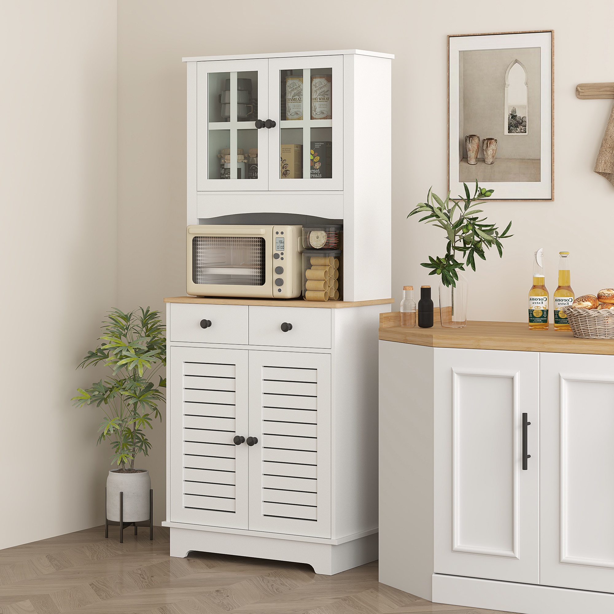 HOMCOM Keukenkast met Glazen Deuren, 2 Laden, Servieskast, Eetkamerschrank, Hout, 68 x 39,5 x 170 cm, Wit