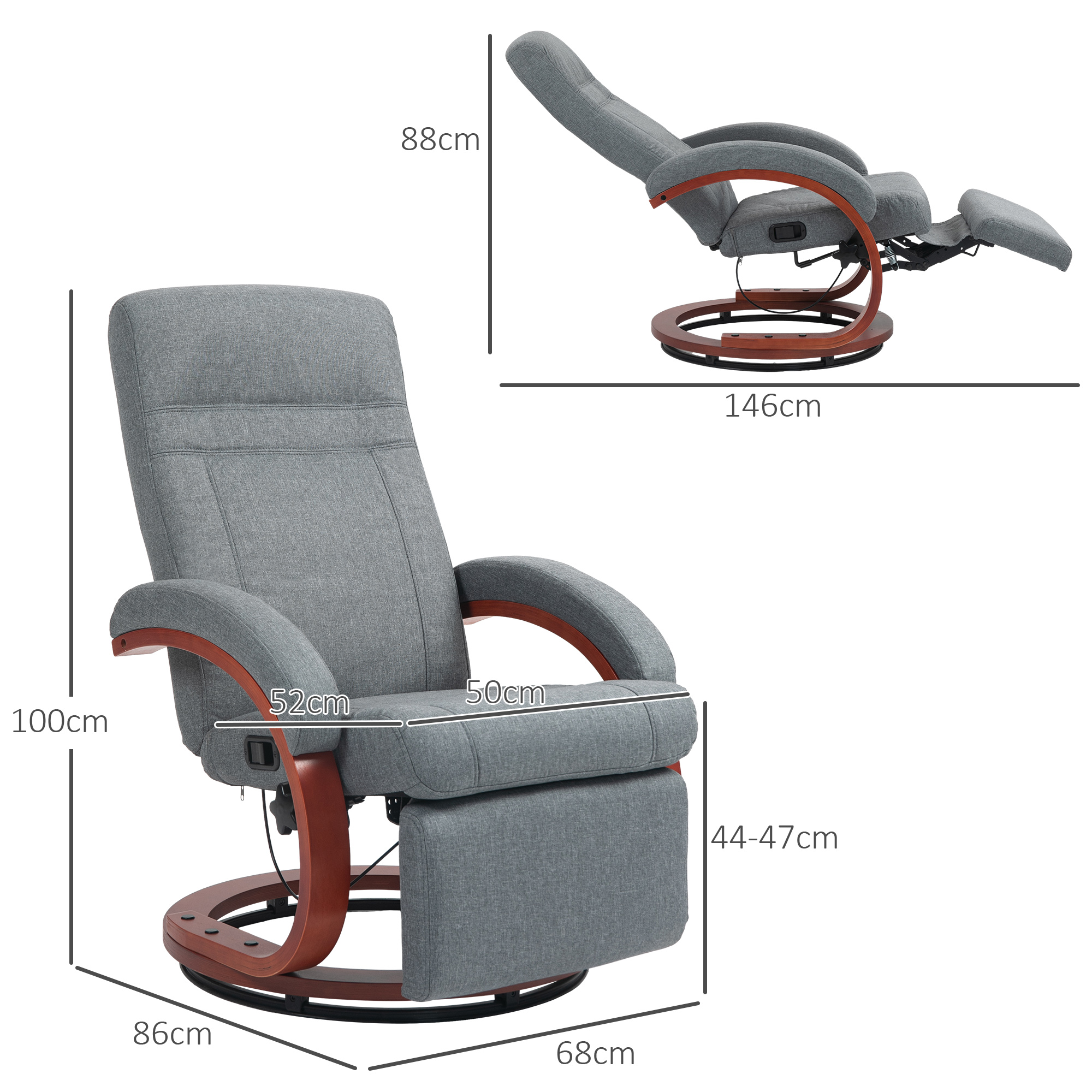 HOMCOM Relaxfauteuil met Opklapbare Voetensteun, Draaibaar, Kantelbare Rugleuning, Linnenlook, Tot 140 kg, Grijs