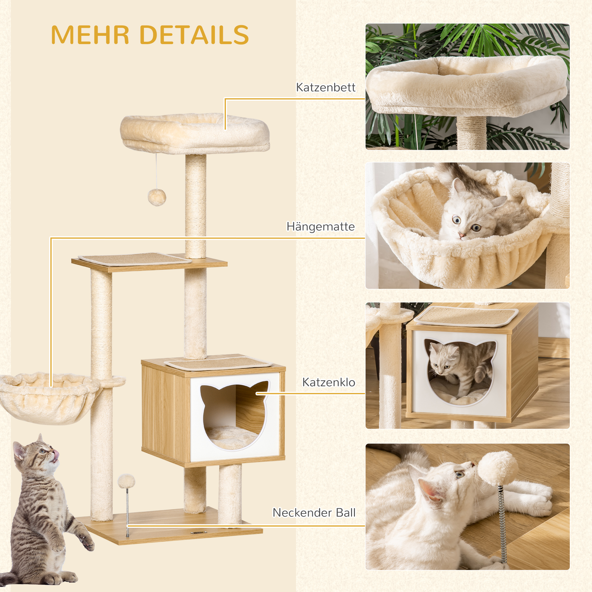 PawHut kattenkrabpaal kattenspeelgoed klimboom spaanplaat sisal kort pluche beige 48 x 40 x 126 cm