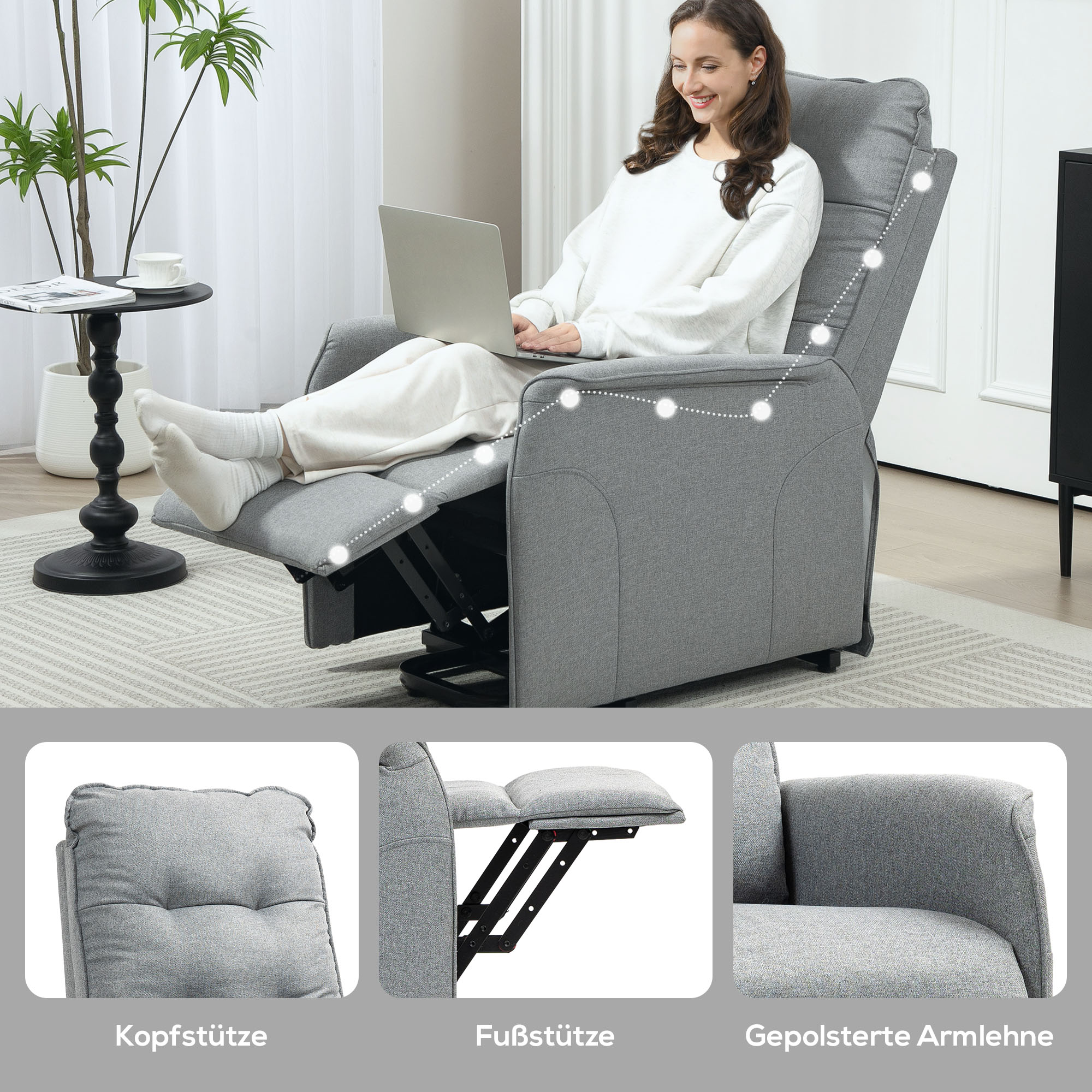 HOMCOM Opsta-fauteuil, Relaxfauteuil met Elektrische Opstahulp, met Afstandsbediening, Zijvak, Grijs