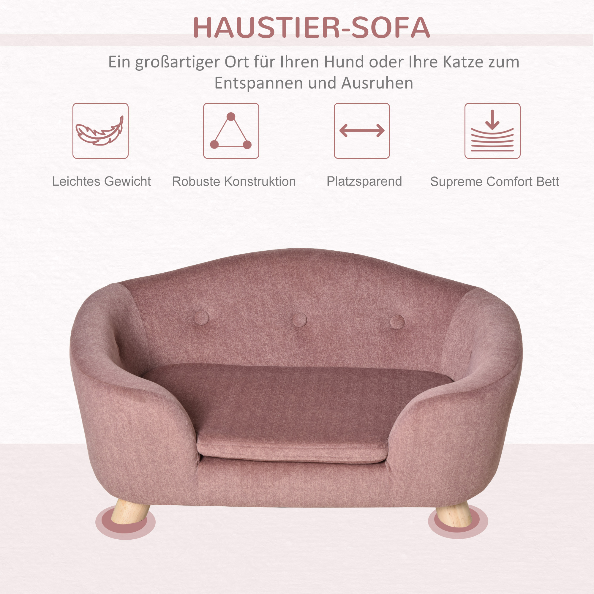 PawHut hondenbank hondenmat hondenmand hondenbank hondenbank katten bank met kussen achterzak pluche schuim grenen hout roze 70 x 47 x 30 cm